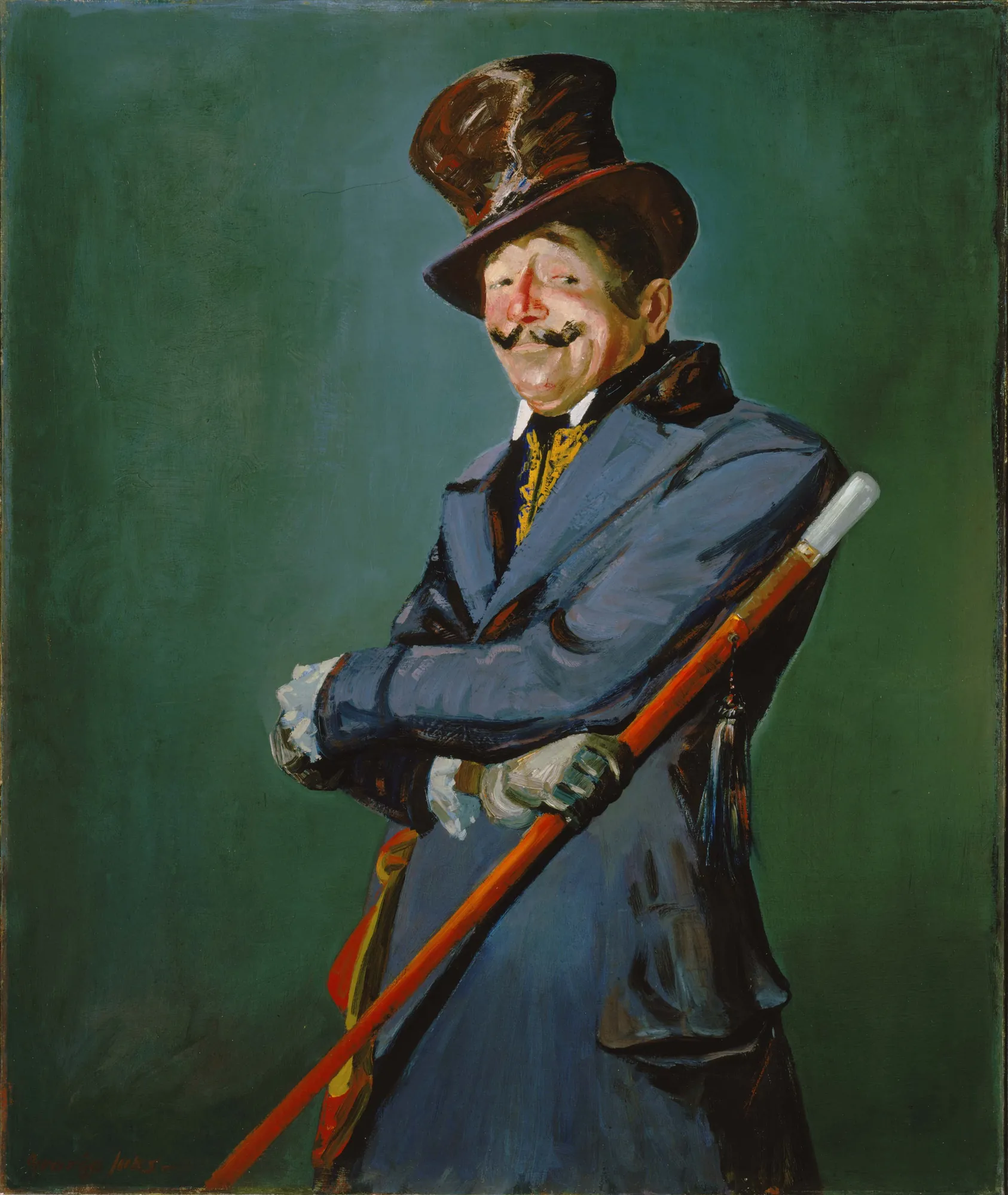 Otis Skinner as Col. Philippe Bridau Otis Skinner as Col. Philippe Bridau by George Luks. A characterful portrait of a man in a blue overcoat and top hat, sporting a curled mustache and holding a walking stick against a deep green background.