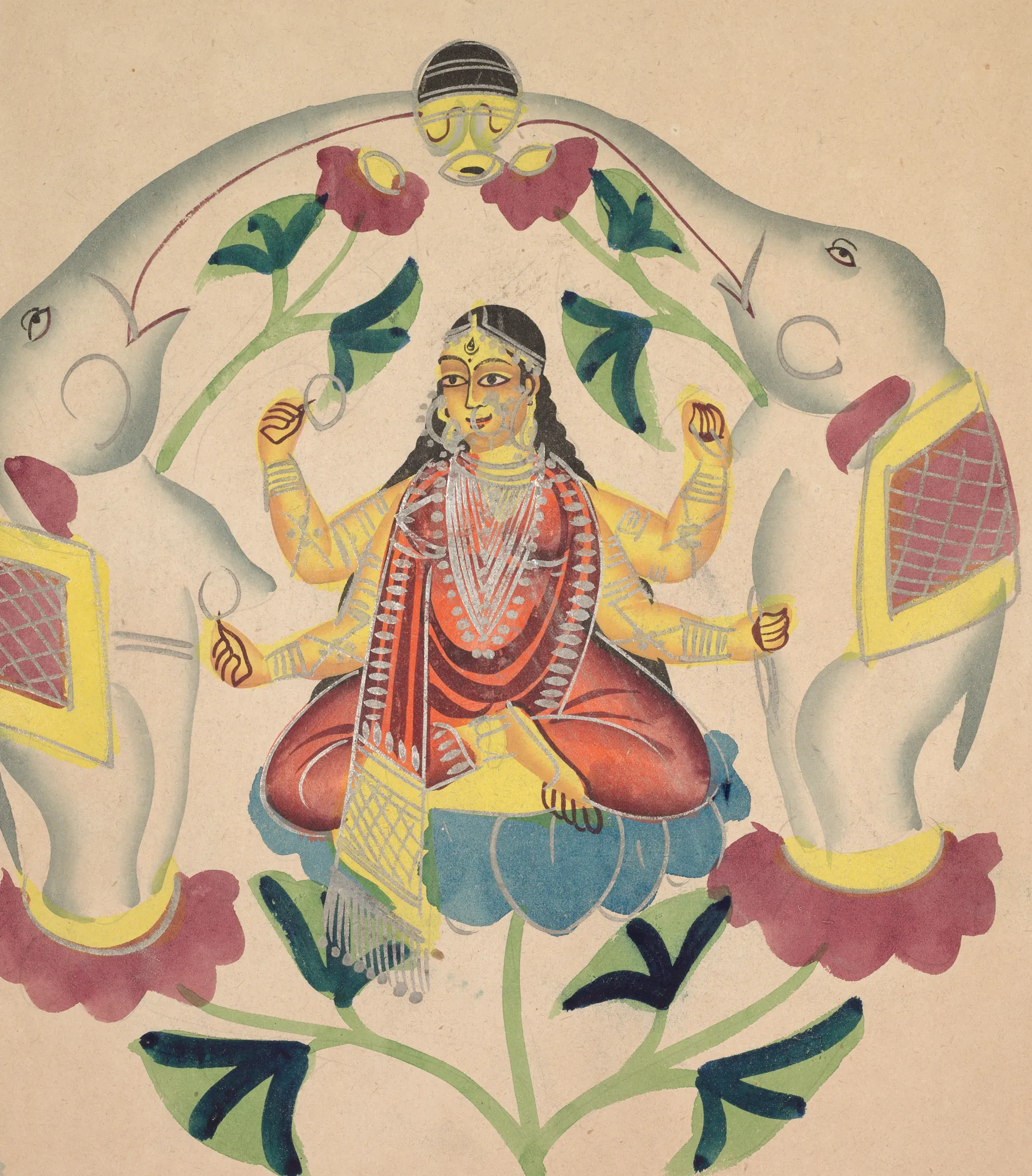 Gajalakshmi: Lakshmi with Elephants Gajalakshmi: Lakshmi with Elephants by Unknown Artist. A four-armed Hindu goddess Lakshmi sits on a lotus, flanked by two grey elephants pouring water from jars.