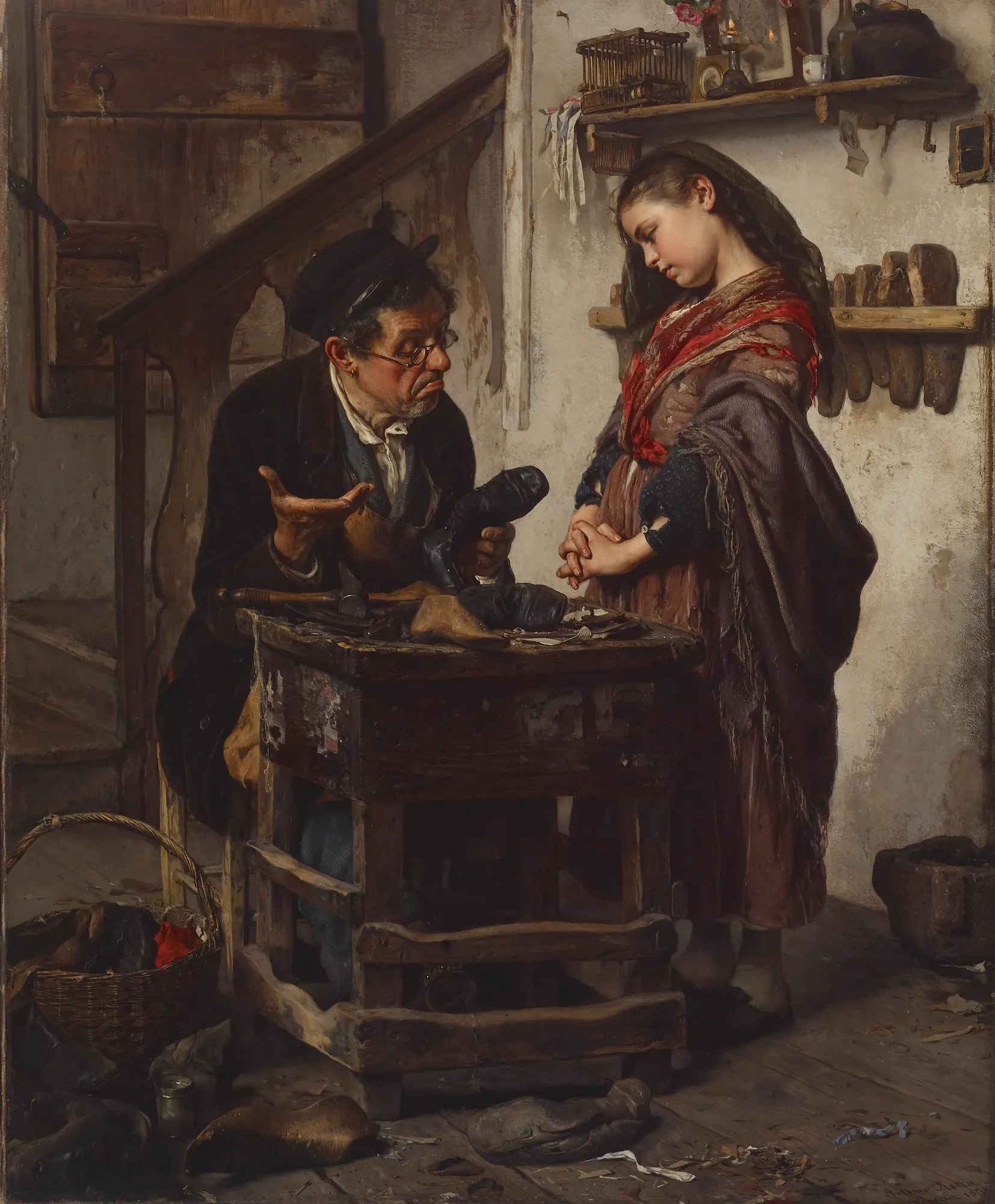 The Hopeless Case The Hopeless Case by Antonio Rotta. An elderly cobbler in spectacles gestures despairingly at a worn shoe while a young girl in a headscarf looks on with a sorrowful expression.