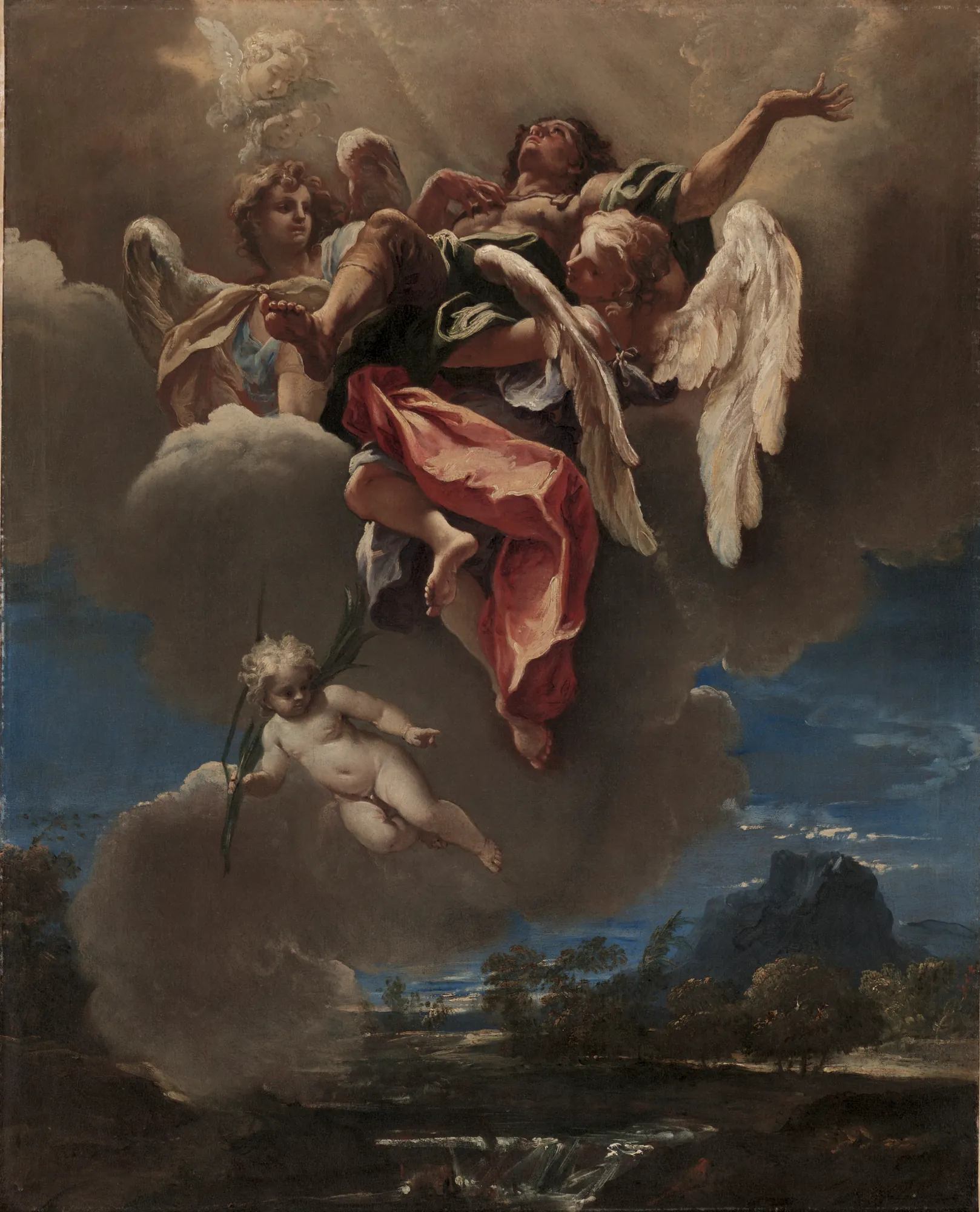 Study for An Apotheosis of a Saint Study for An Apotheosis of a Saint by Sebastiano Ricci. A group of angels lifts a saint toward a heavenly light above a dark, silhouetted landscape.