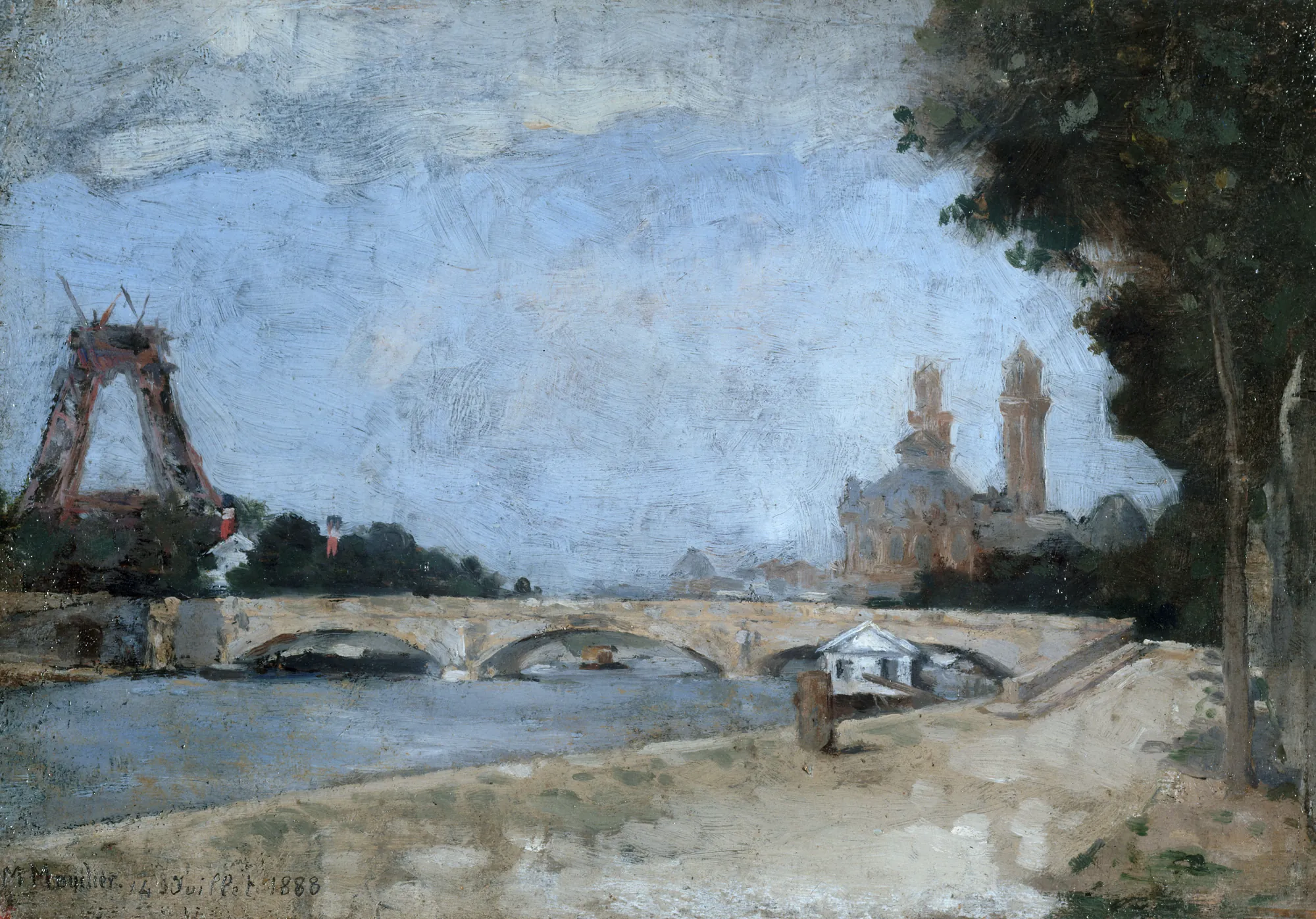The Eiffel Tower Under Construction The Eiffel Tower Under Construction by Marc Mouclier. An impressionistic oil painting depicting the partial iron structure of the Eiffel Tower rising above a bridge and the Seine River.