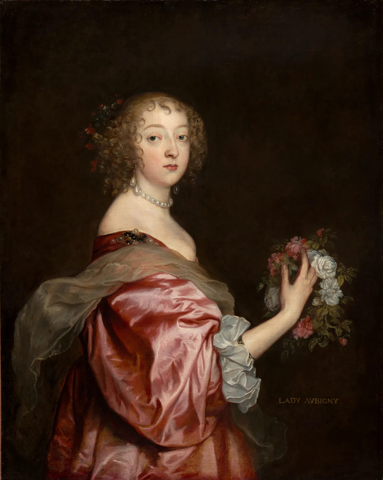 Catherine Howard, Lady d'Aubigny Catherine Howard, Lady d'Aubigny by Anthony van Dyck. A portrait of a woman with curled hair, wearing a pearl necklace and a shimmering pink silk dress, holding a bouquet of roses.