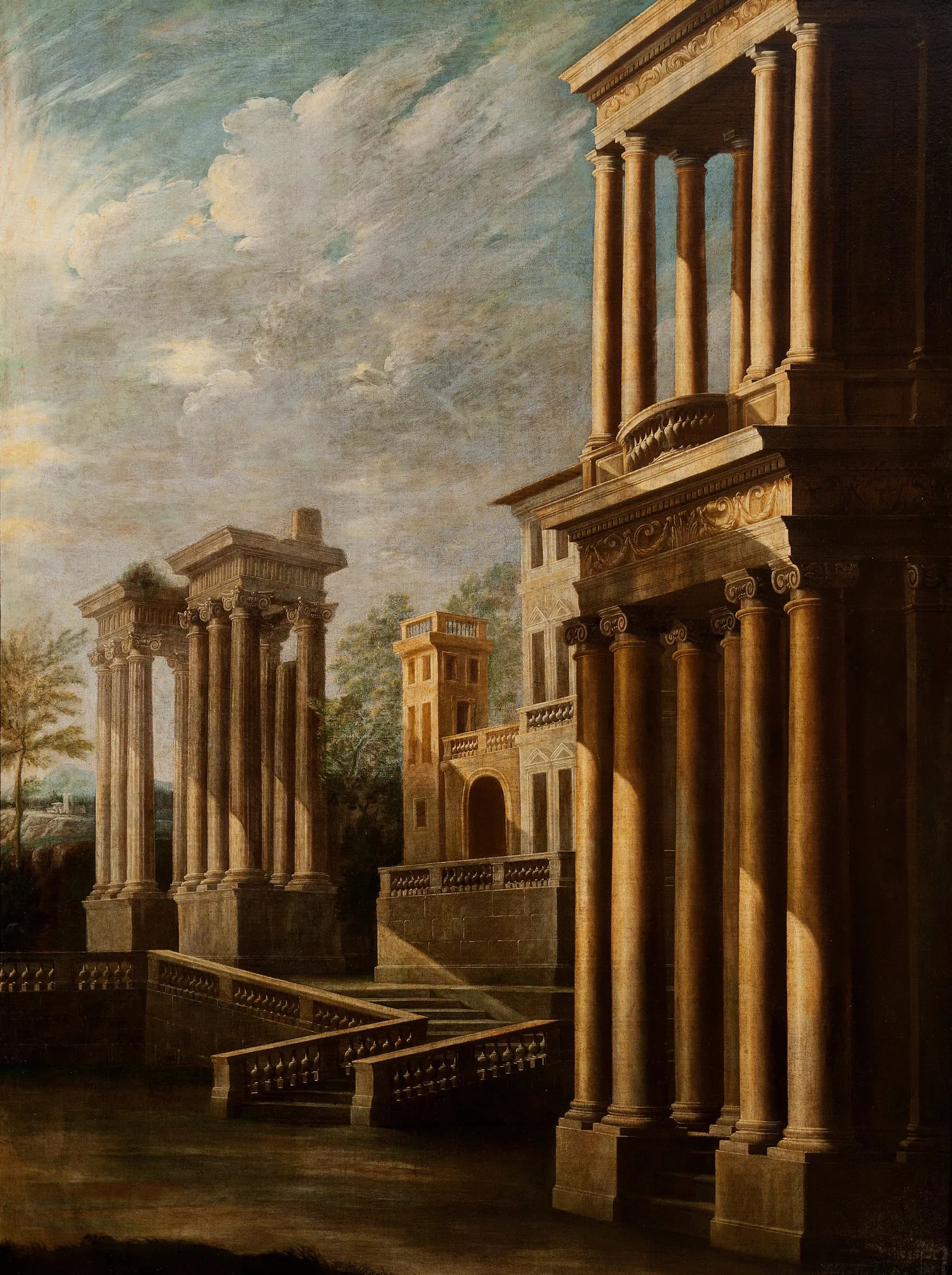 Exterior View of Buildings Exterior View of Buildings by Leonardo Coccorante. A vertical oil painting depicting grand classical buildings and ancient ruins with prominent stone columns under a bright, cloud-filled sky.