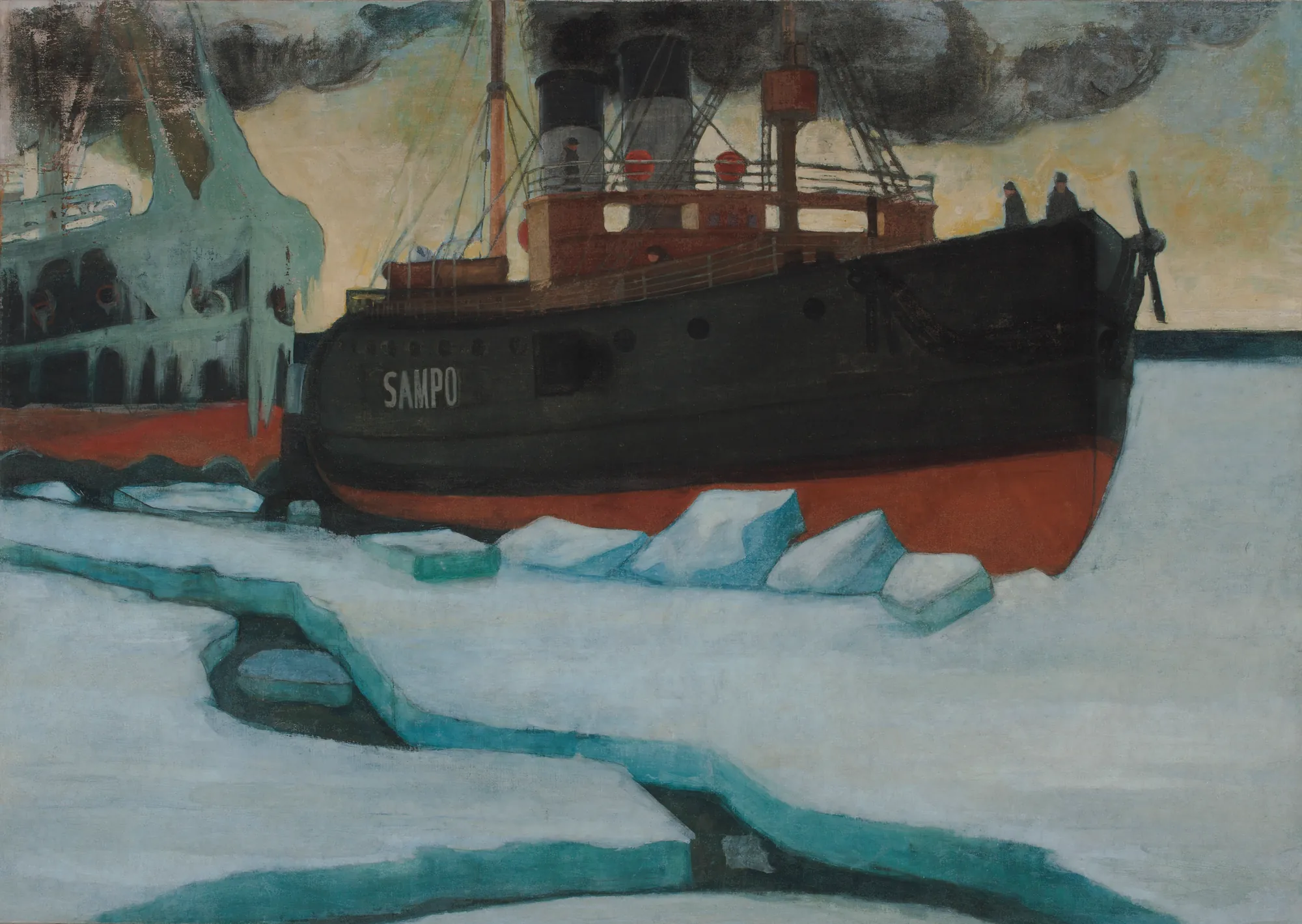 Icebreaker Icebreaker by Juho Rissanen. A large black-hulled steamship named Sampo cuts through fractured sheets of blue-tinted sea ice under a dark, smoky sky.