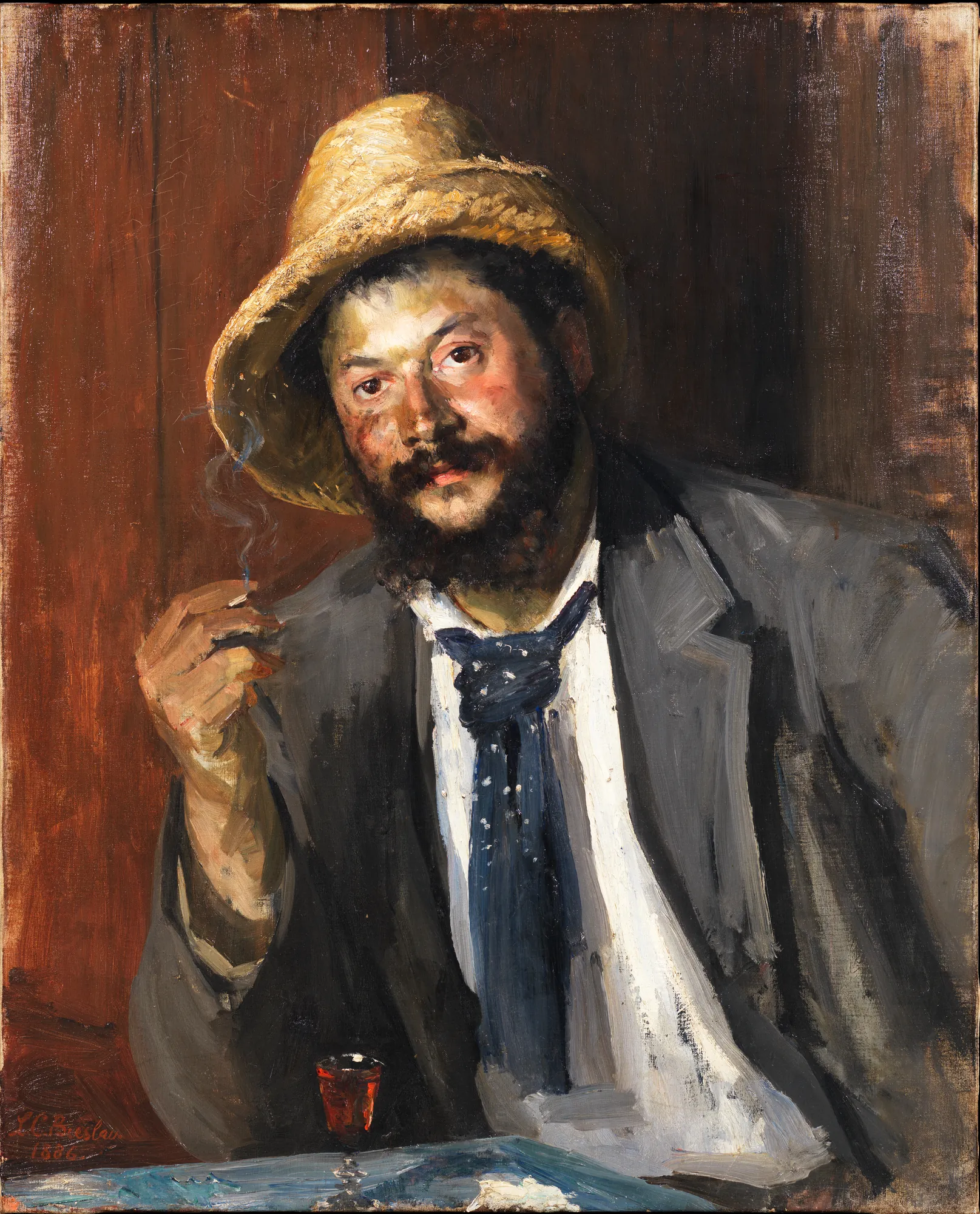 Portrait of Ernst Josephson Portrait of Ernst Josephson by Louise Catherine Breslau. An expressive oil portrait of a bearded man wearing a straw hat and blue scarf, holding a smoking pipe.
