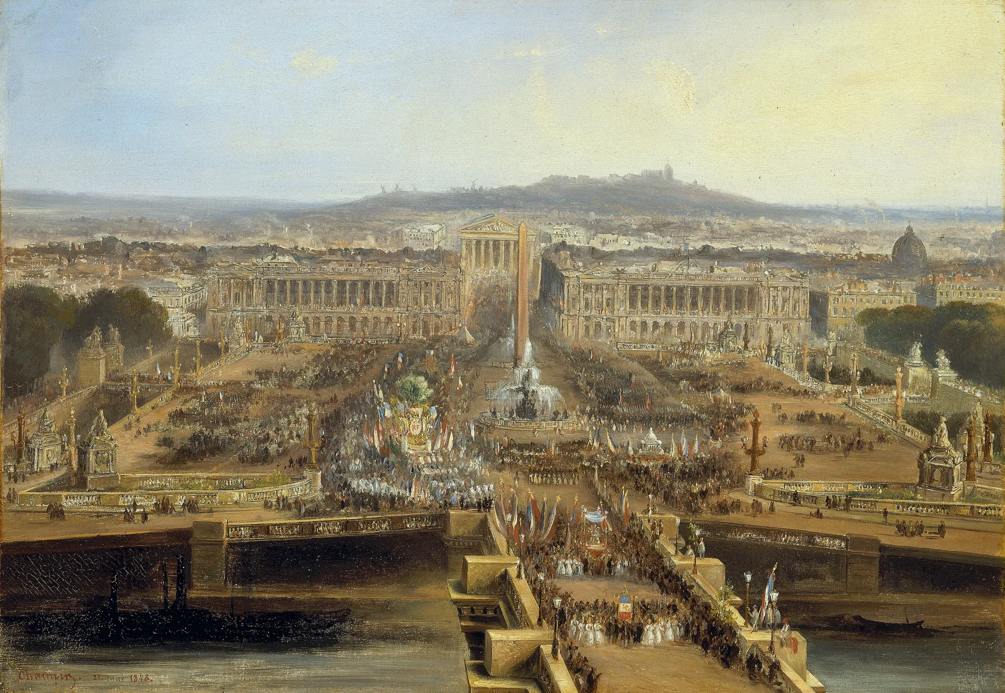 Fête de la Concorde, 21 May 1848 Fête de la Concorde, 21 May 1848 by Jean-Jacques Champin. A panoramic view of the Place de la Concorde in Paris filled with a large procession of people crossing a bridge and gathered around the central obelisk.