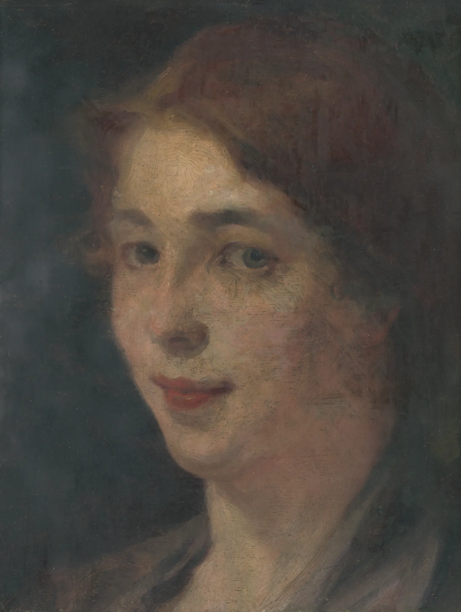 Portrét dcéry Portrét dcéry by Ľudovít Pitthordt. A painterly oil portrait of a young woman with reddish-brown hair and a slight smile against a dark background.