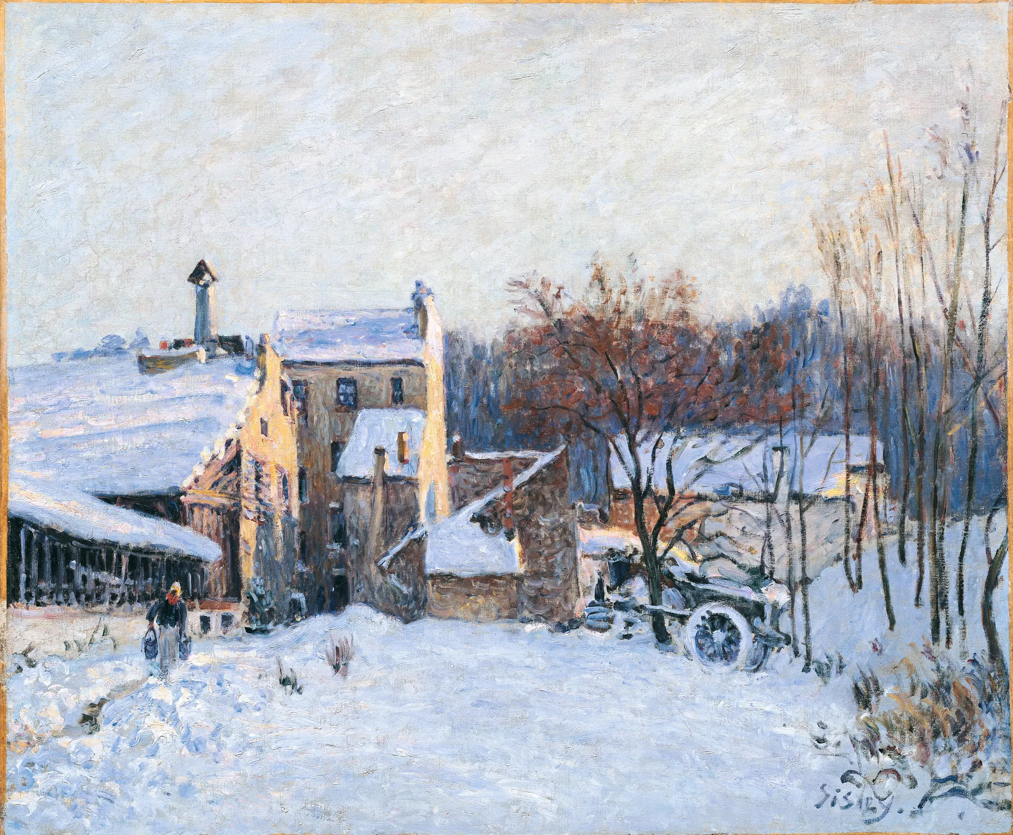 Une cour à Chaville Une cour à Chaville by Alfred Sisley. An Impressionist painting of a snow-covered village courtyard with stone buildings and a figure carrying buckets.