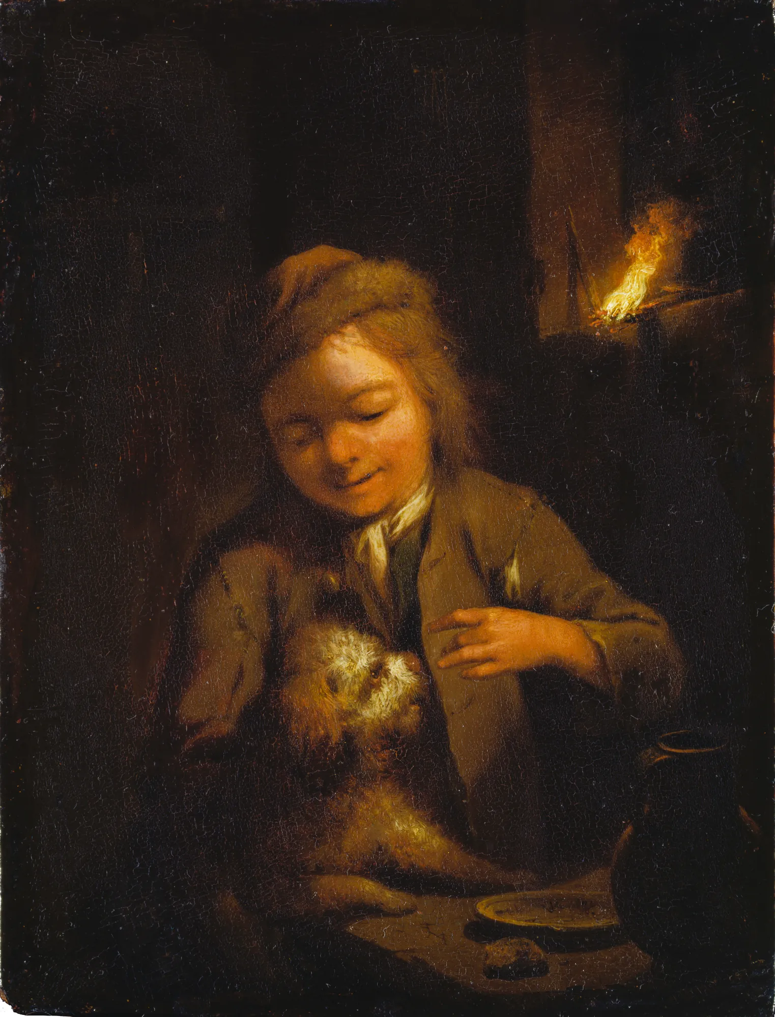 Boy Teasing a Dog: Nightscene Lit by Pinewood Torch