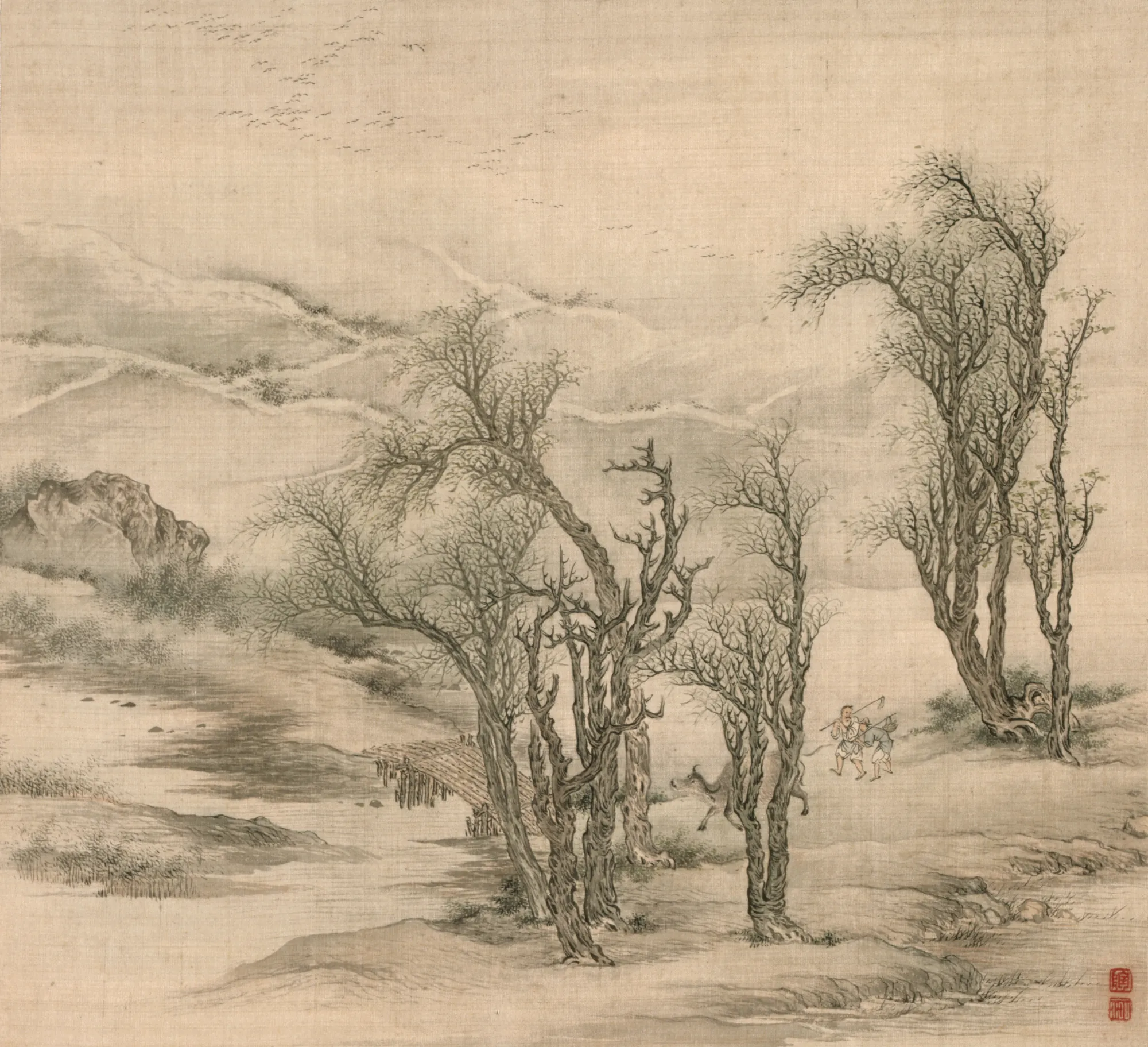 Returning Peasants in a Spring Evening Returning Peasants in a Spring Evening by Tao Hong. A tranquil Chinese ink painting depicting peasants and a water buffalo returning home through a landscape of gnarled trees and distant mountains.