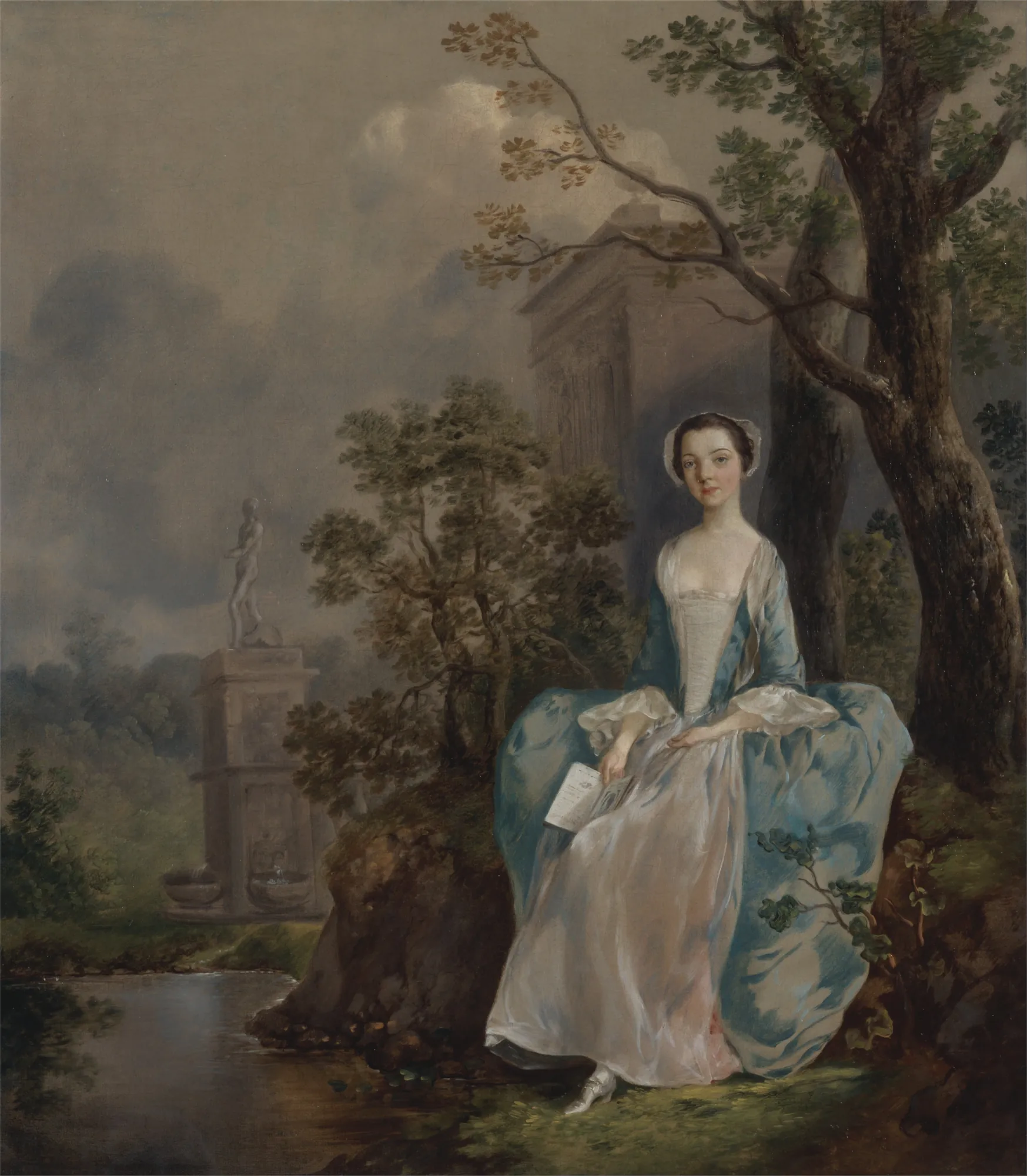 Portrait of a Woman Portrait of a Woman by Thomas Gainsborough. An 18th-century portrait of a woman in an elegant blue and white gown seated in a pastoral landscape with classical structures.