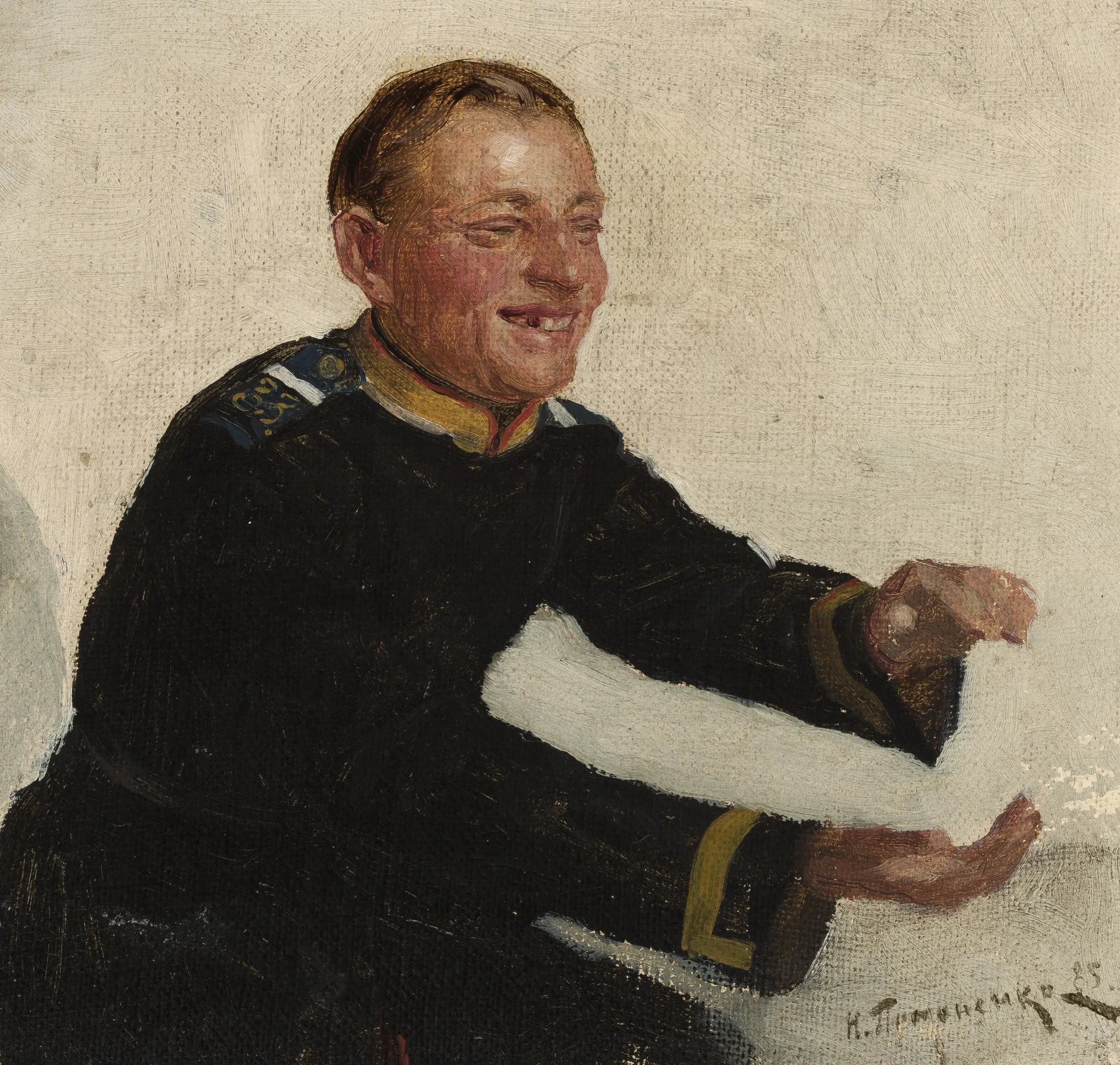 Russian Soldier in the Theater Russian Soldier in the Theater by Mykola Pymonenko. A profile portrait of a man in a dark 19th-century military uniform laughing and reaching forward against an off-white background.