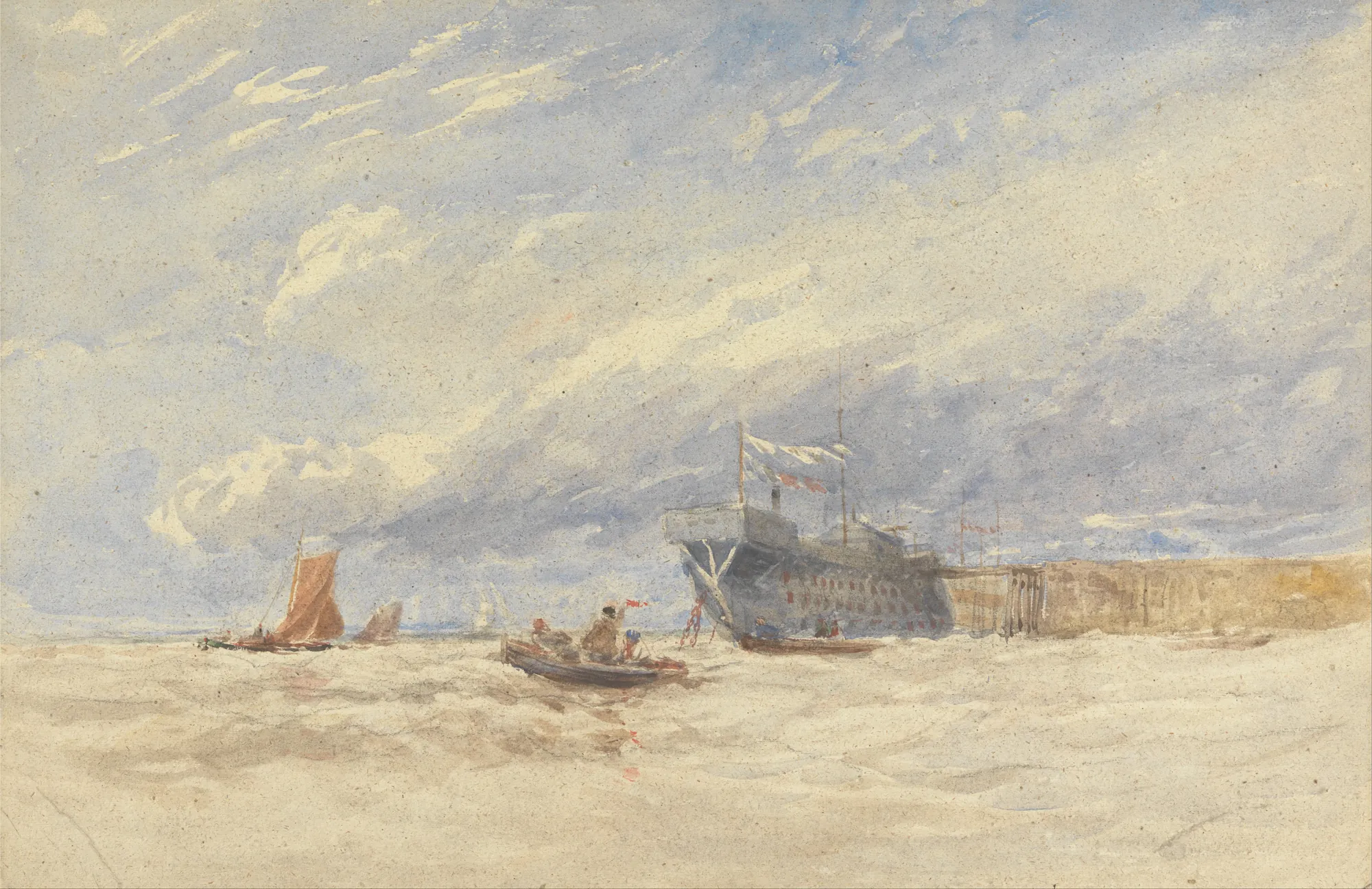 On the Medway On the Medway by David Cox. A collection of sailboats and rowing boats navigate the River Medway near a stone quay under a large, expressive sky.