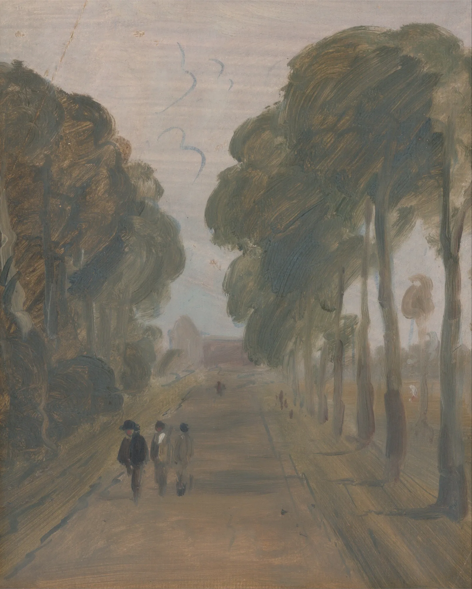 Avenue with Figures Avenue with Figures by Unknown Artist. A group of figures walks along a tree-lined avenue toward a distant building, rendered in a loose, atmospheric oil sketch.