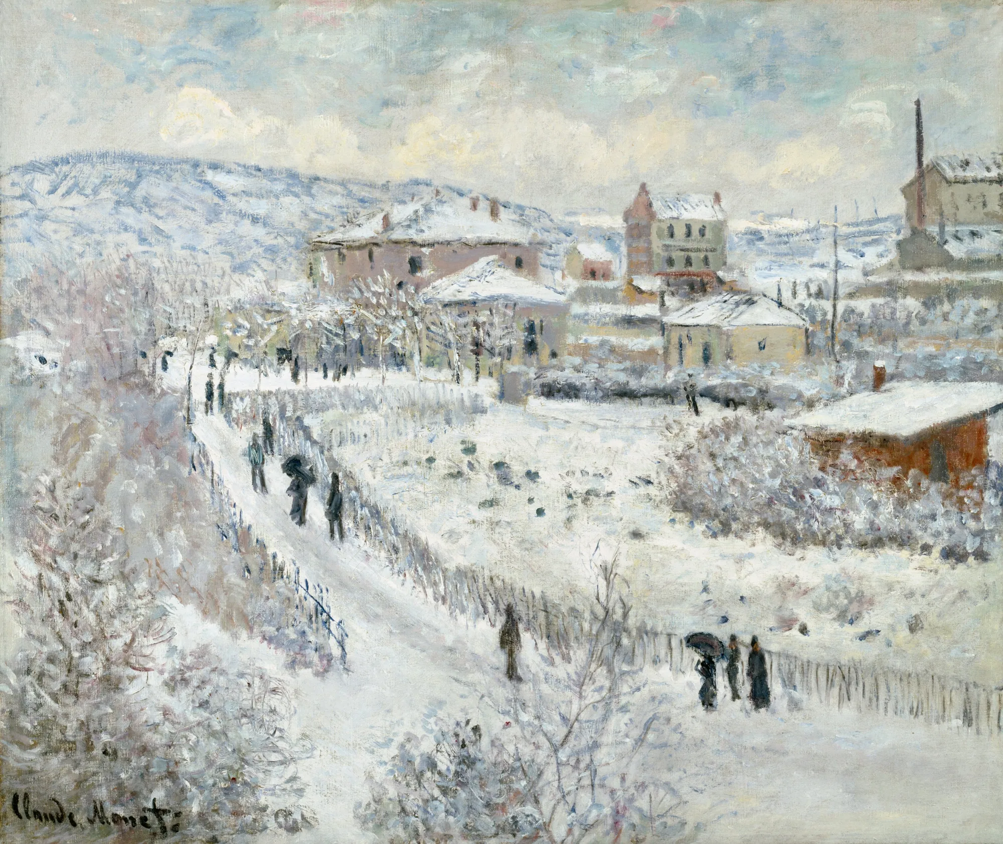 Snow Effect at Argenteuil Snow Effect at Argenteuil by Claude Monet. An impressionist landscape showing a snow-covered street in Argenteuil with figures carrying umbrellas and houses in the distance under a hazy sky.