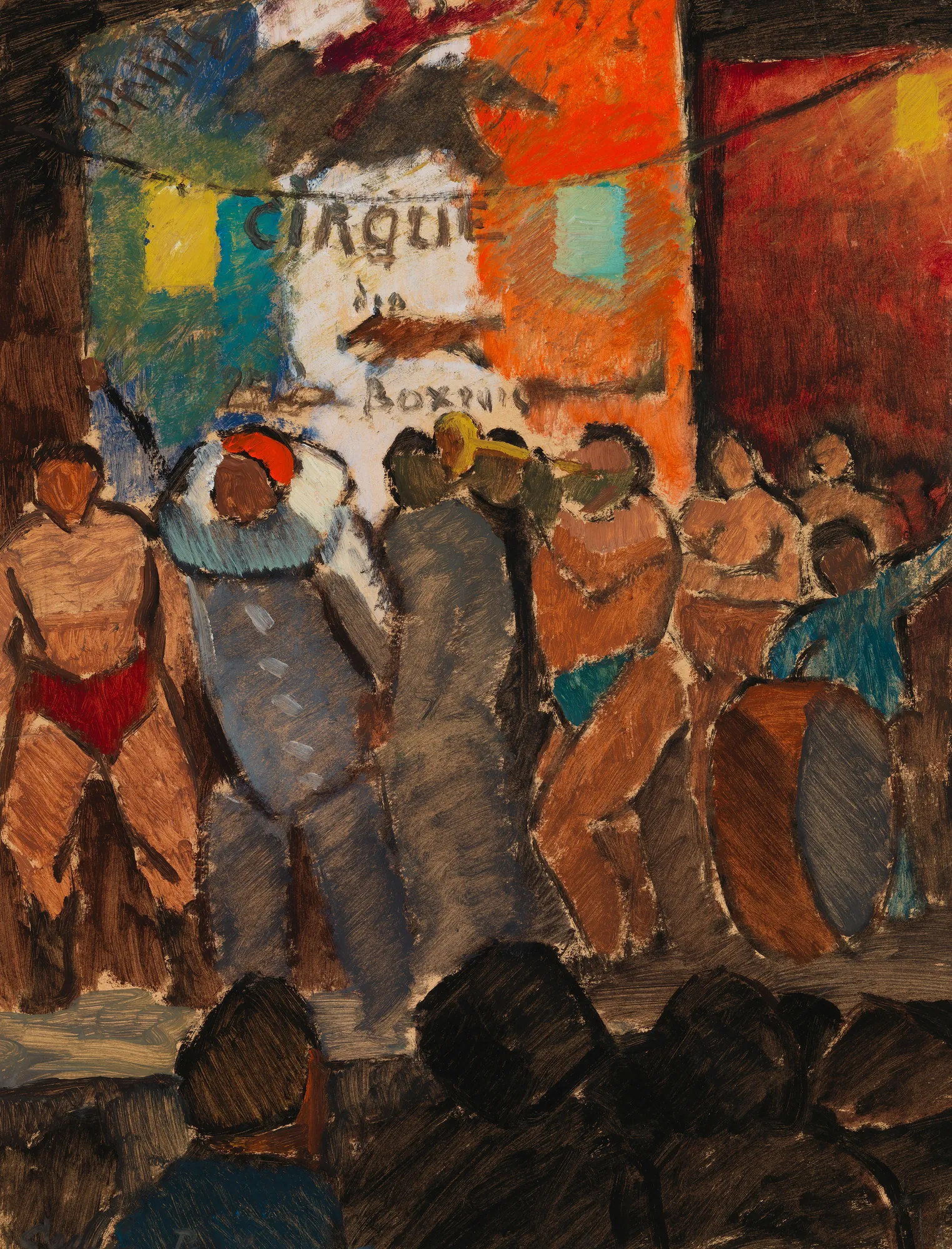Circus in Paris Circus in Paris by Alvar Cawén. An expressive oil painting showing circus performers, including a clown and musicians, in front of a colorful banner.