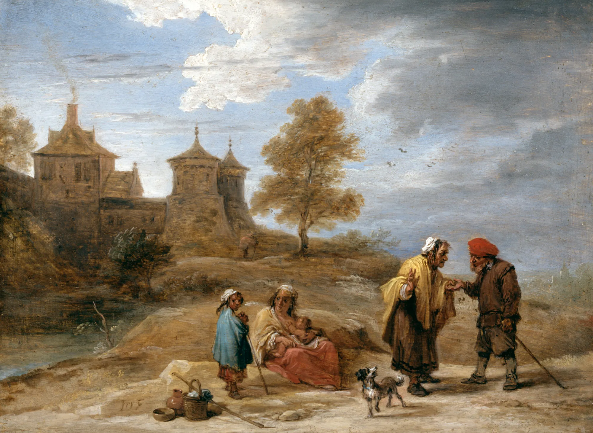 Gypsies in a Landscape Gypsies in a Landscape by David Teniers the Younger. A grouping of travelers and their dog rest in a rustic landscape before a distant castle under a cloudy blue sky.
