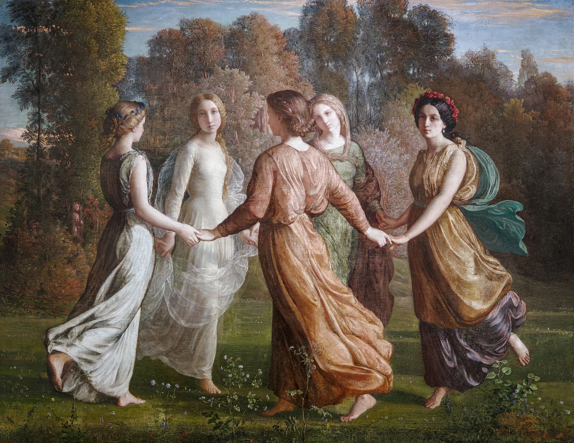 Poem of the Soul: Sunrays Poem of the Soul: Sunrays by Louis Janmot. Five women in flowing classical gowns hold hands and dance in a circle within a sun-dappled wooded clearing.