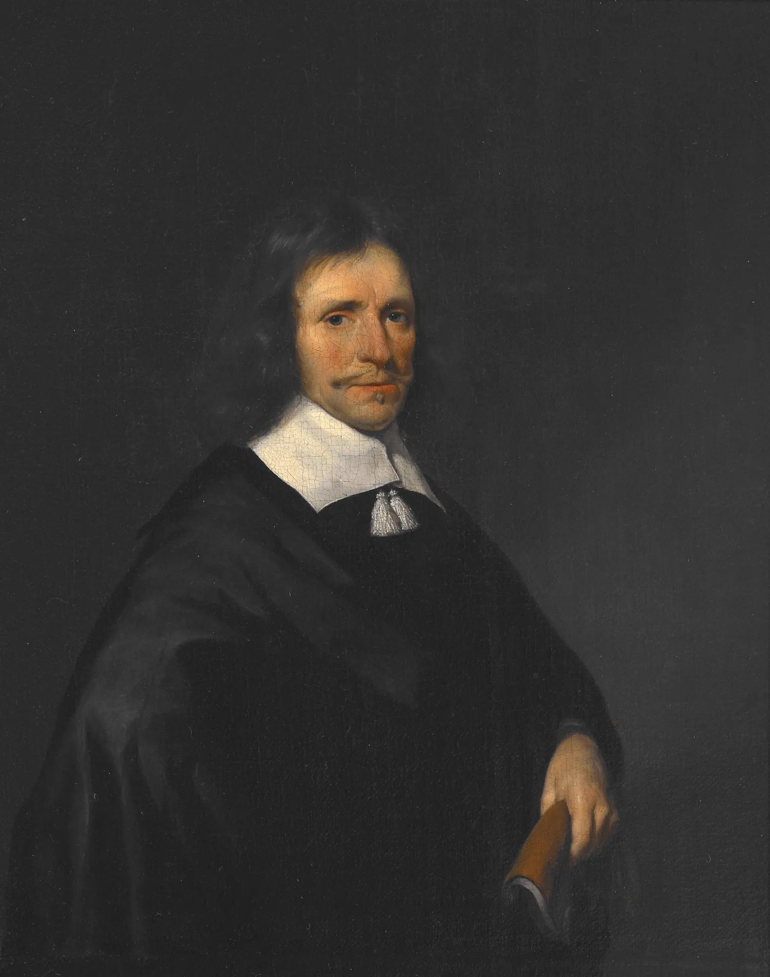 Portrait of a Man Portrait of a Man by Gerard ter Borch. A three-quarter portrait of a man with long brown hair and a mustache, dressed in a black cloak with a prominent white collar and white tassels.