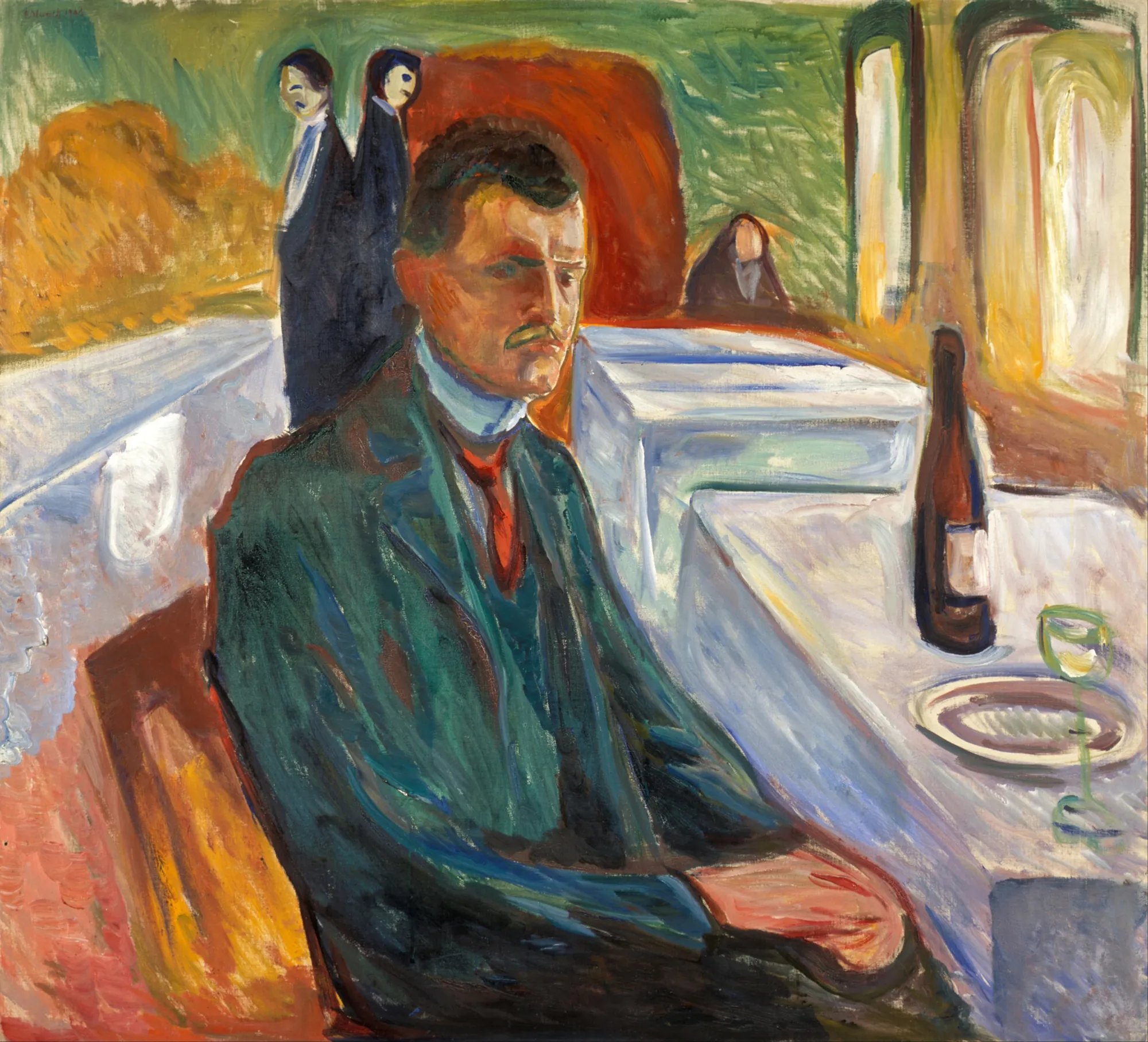 Self-Portrait with a Bottle of Wine Self-Portrait with a Bottle of Wine by Edvard Munch. A man with a mustache sits at a restaurant table featuring a wine bottle and glass, rendered in energetic, swirling brushstrokes.