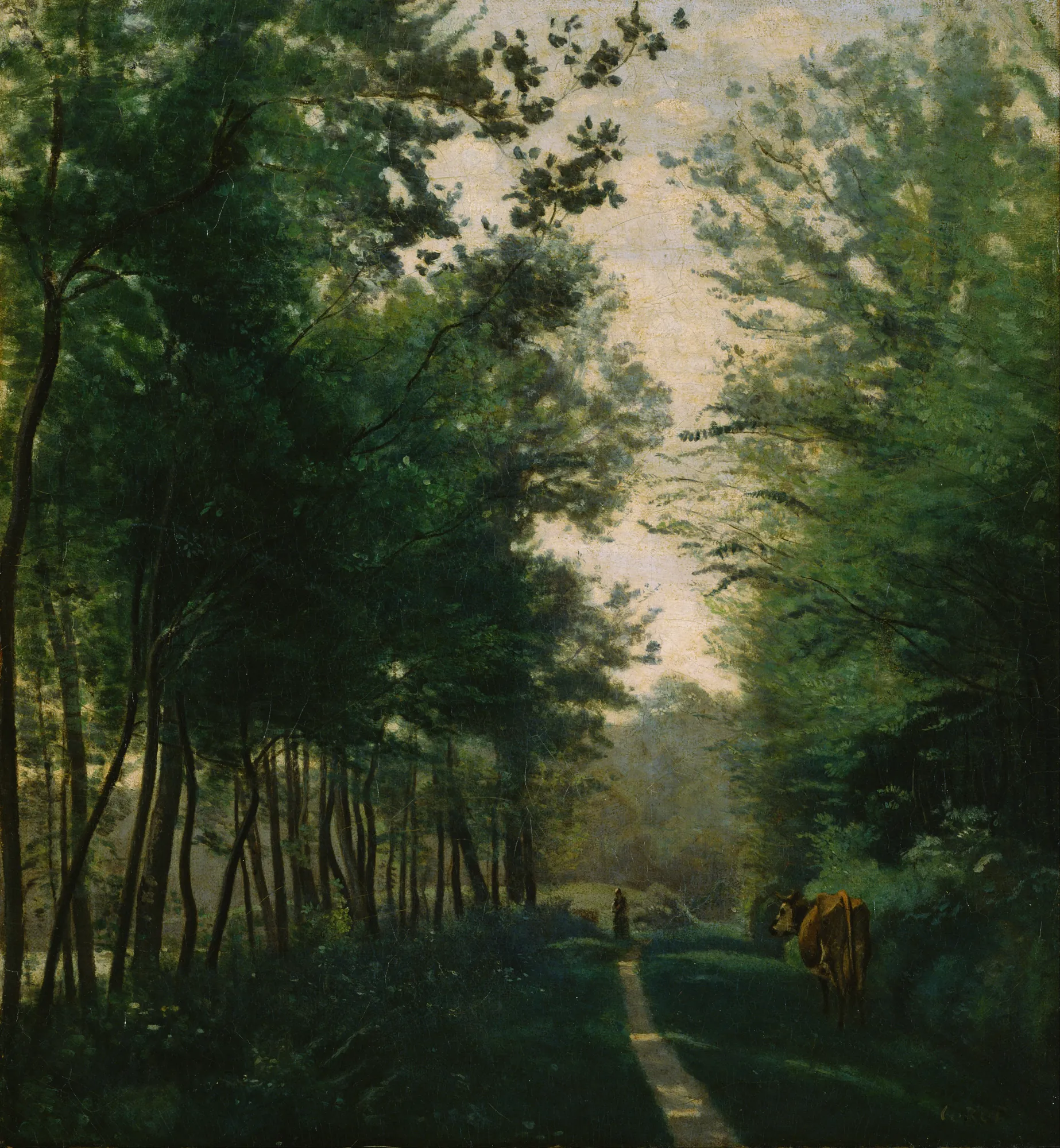 Ville d'Avray Ville d'Avray by Jean-Baptiste Camille Corot. A wooded path in Ville d'Avray features a lone cow and a distant figure under a canopy of dense, sun-dappled trees.