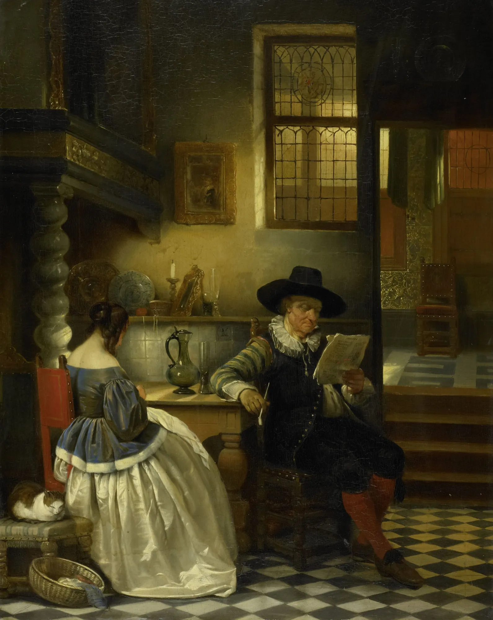 An Interior of the 17th Century An Interior of the 17th Century by Jan August Hendrik Leys. A 19th-century oil painting depicting a man in historical dress reading a paper and a woman seated in a sunlit Dutch-style interior with a cat.