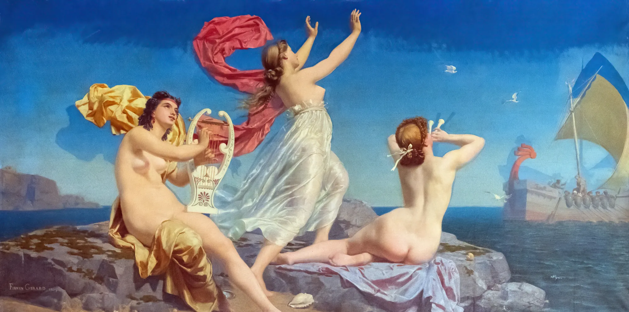 Ulysse et les sirènes Ulysse et les sirènes by Marie-François Firmin-Girard. Three sirens are depicted on a rocky shore overlooking a sea where a ship with a yellow and blue sail passes in the distance.