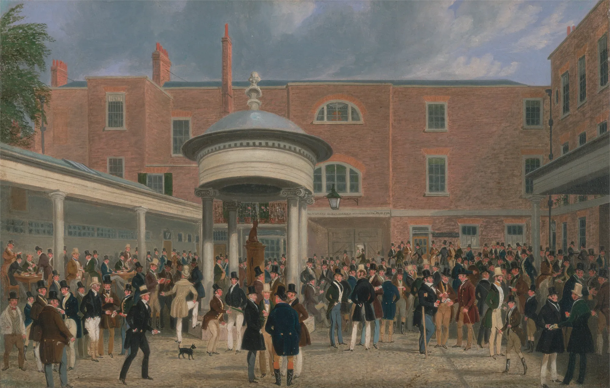 Epsom Races: Settling Day at Tattersall Epsom Races: Settling Day at Tattersall by James Pollard. A bustling courtyard scene at Tattersall's with numerous men in 19th-century attire gathered around a central domed pavilion.
