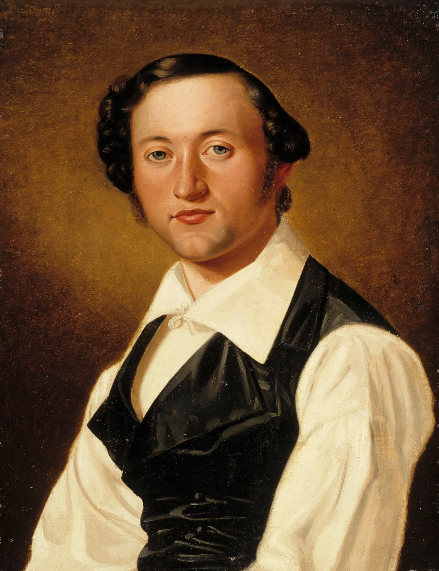 Portrait of Johan Knutson Portrait of Johan Knutson by Nils Blommér. A three-quarter portrait of a young man with dark wavy hair, wearing a white shirt and a dark vest against a warm brown background.