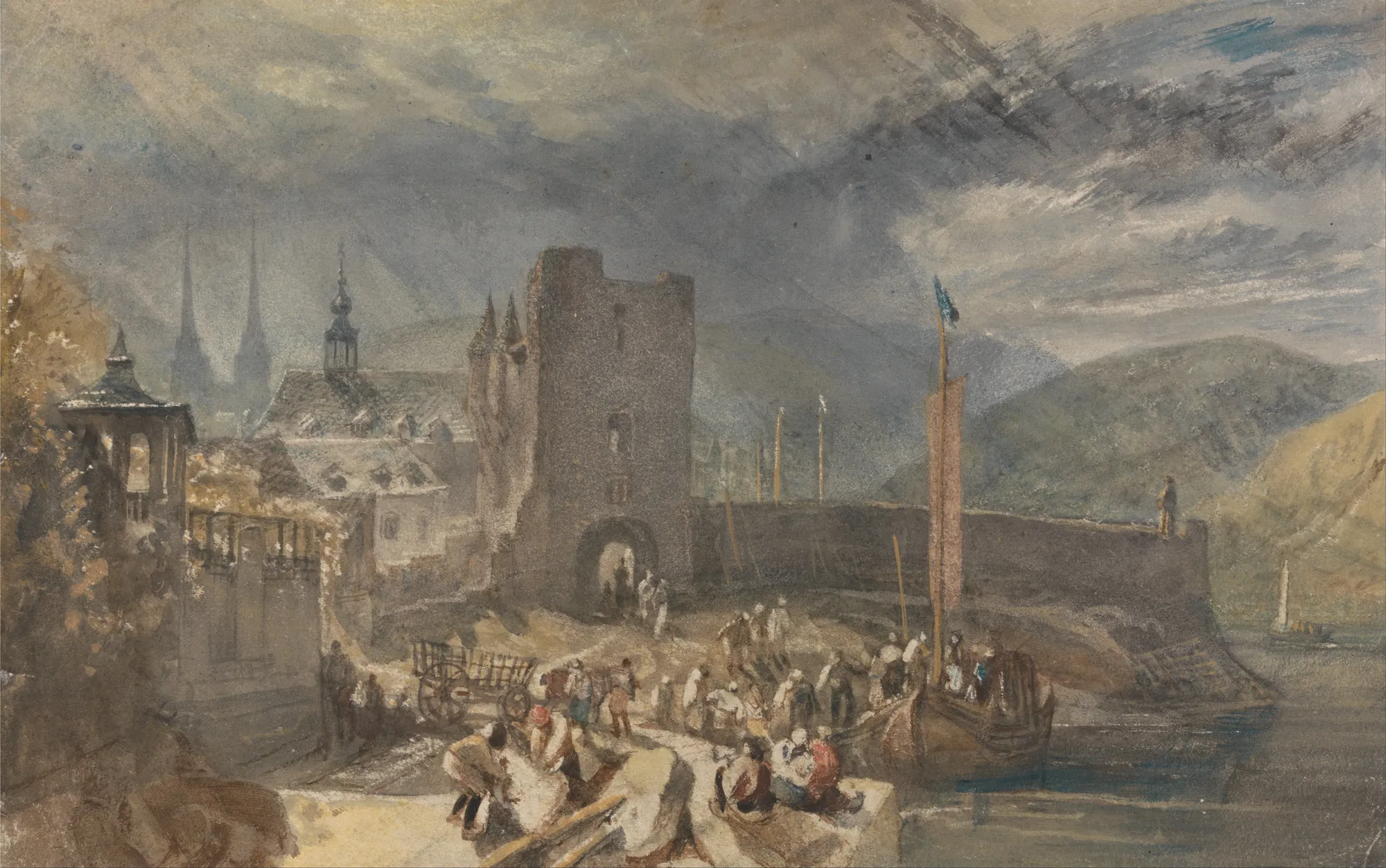 A View of Boppart with Figures on the River Bank