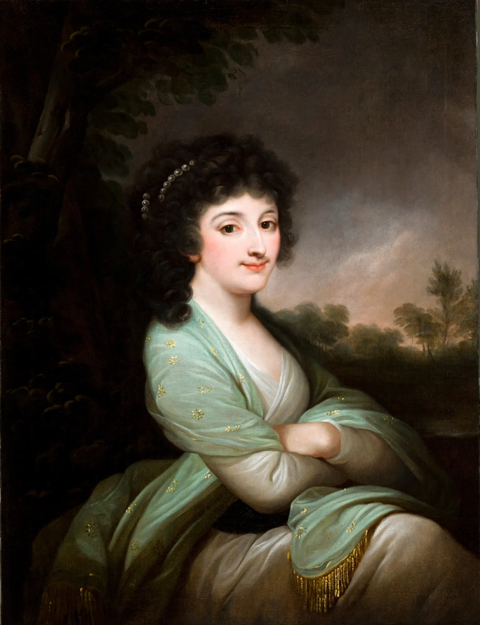 Portrait of Izabela Ogińska née Lasocka Portrait of Izabela Ogińska née Lasocka by Josef Grassi. A three-quarter portrait of a dark-haired woman in a white dress and an embroidered mint green shawl against a dark, atmospheric background.