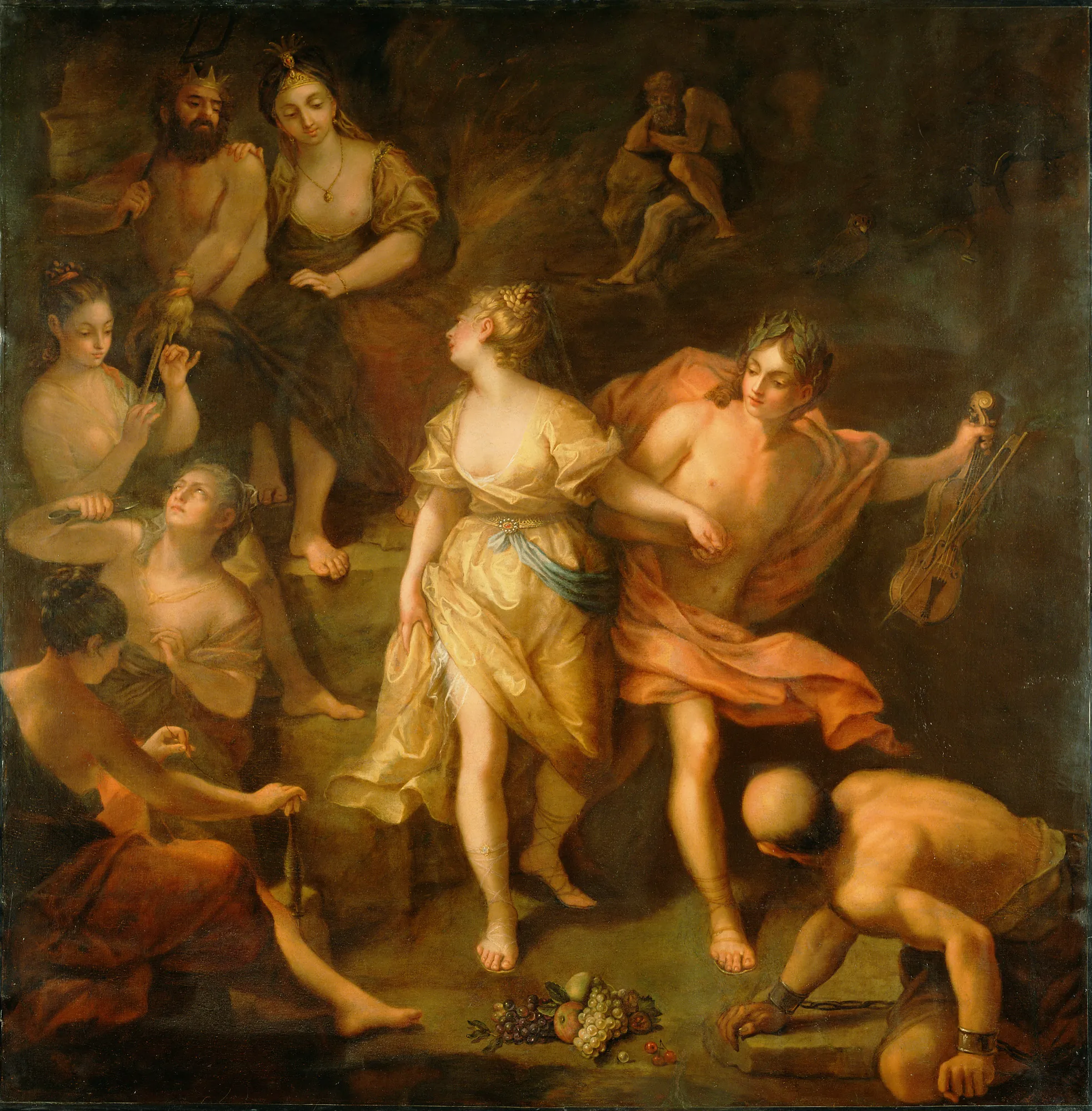 Orpheus and Eurydice Orpheus and Eurydice by Jean Raoux. A group of mythological figures gathered in a dimly lit setting, featuring a central couple in flowing robes and a seated king and queen.