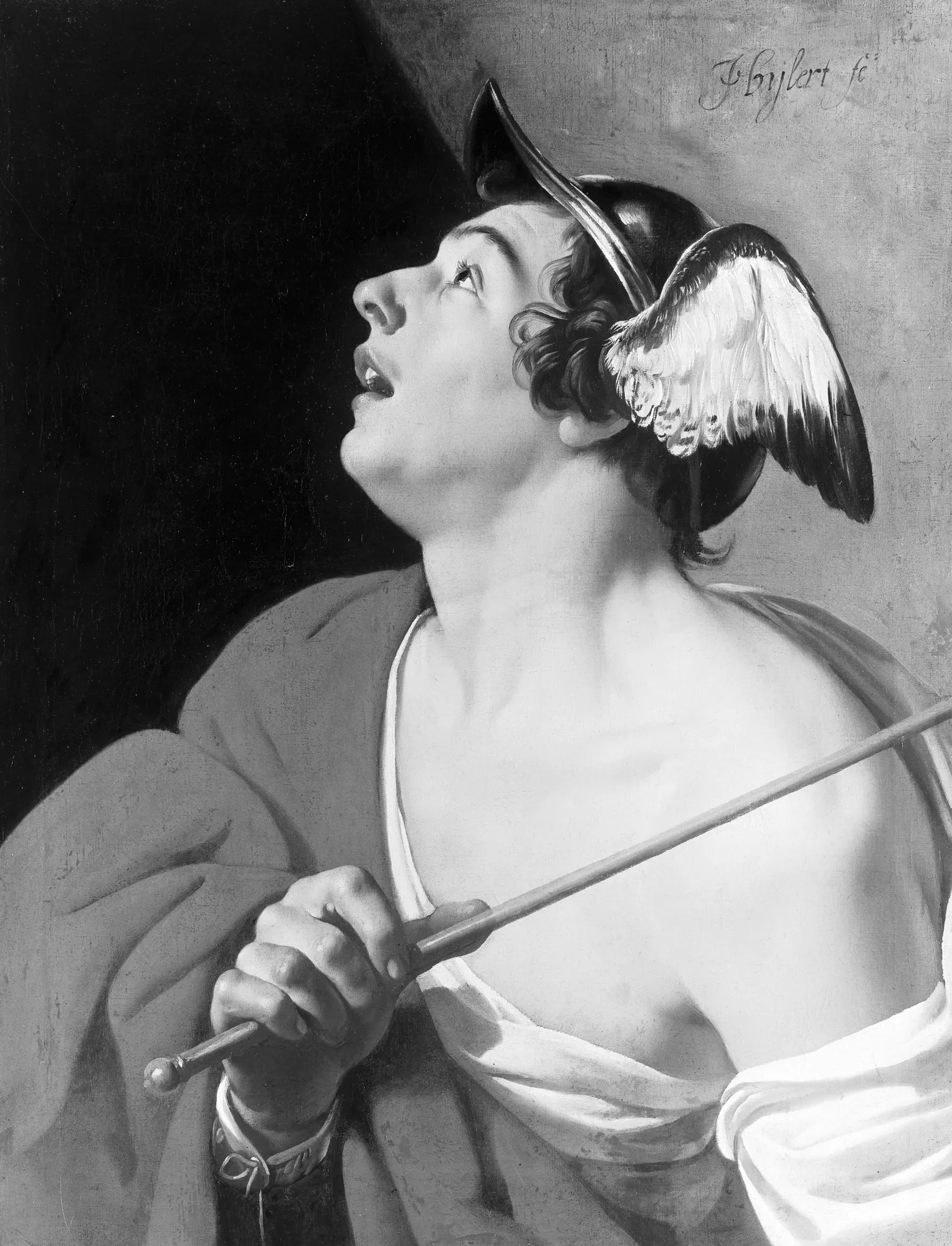 Mercury Mercury by Jan van Bijlert. A high-contrast black and white portrait of the god Mercury looking upward, wearing a winged helmet and holding a staff.