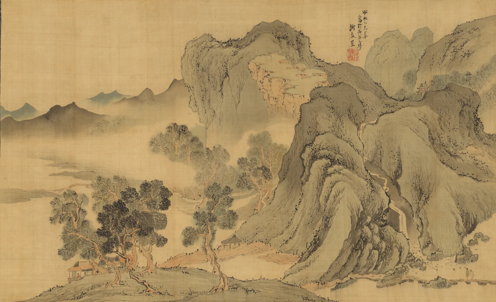 Landscape in Light Colors Landscape in Light Colors by Yosa Buson. A misty Japanese mountain landscape featuring textured peaks, sparse trees, and a small dwelling nestled by a stream.