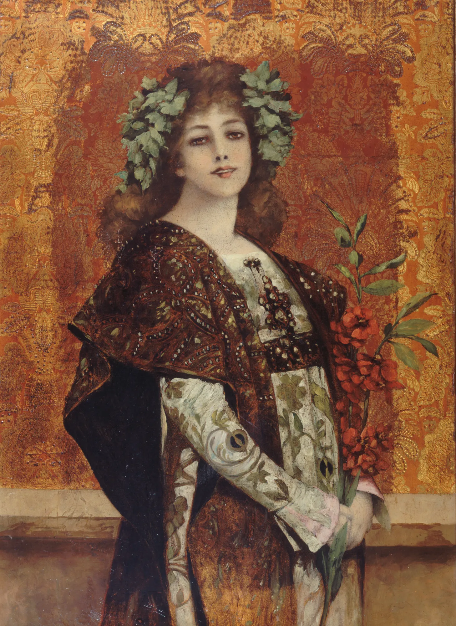 Sarah Bernhardt as Gismonda Sarah Bernhardt as Gismonda by Théobald Chartran. A three-quarter length portrait of Sarah Bernhardt wearing a floral wreath and ornate patterned costume, holding a branch of red blossoms against a gold damask background.