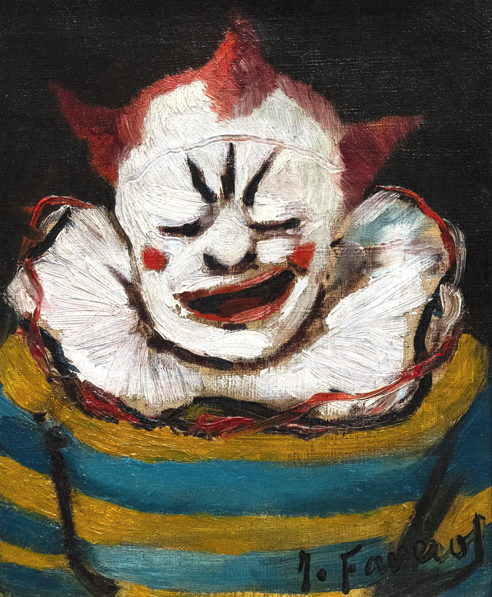 Fernando Circus Clown Fernando Circus Clown by Joseph Faverot. A close-up oil portrait of a grinning circus clown with white face paint, red accents, and a ruffled collar against a dark background.