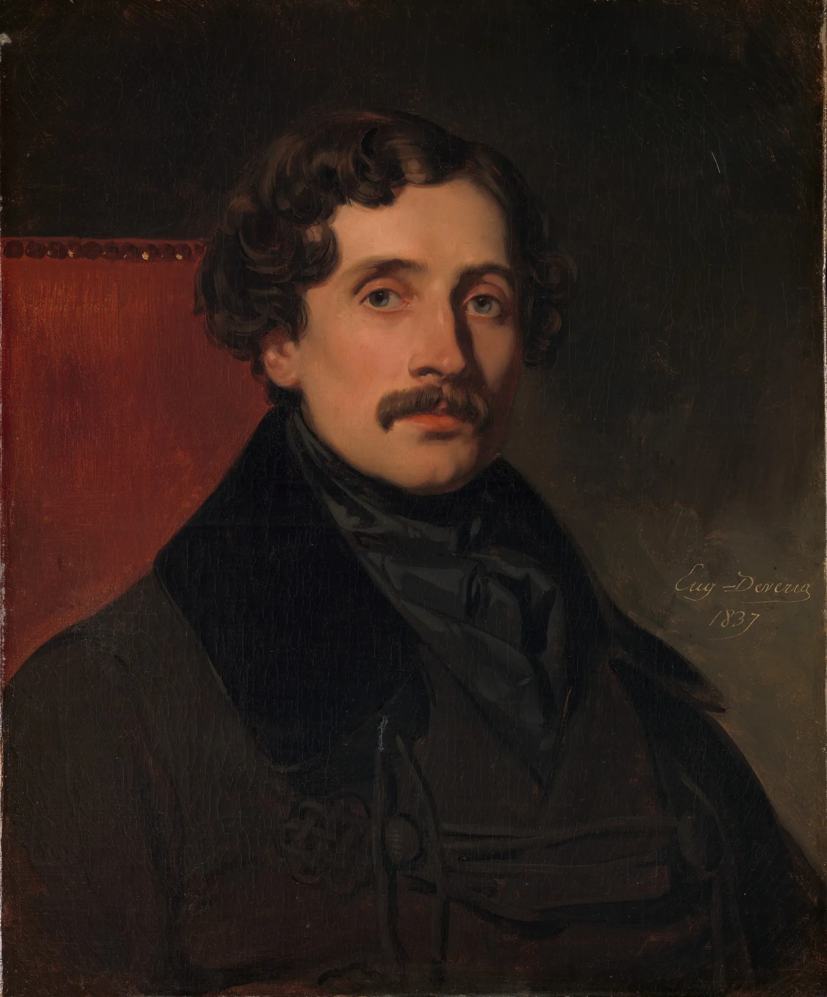 Louis-Félix Amiel Louis-Félix Amiel by Eugène Devéria. An oil portrait of a middle-aged man with dark curly hair and a mustache, wearing a dark coat and cravat, set against a dark background with a red chair visible.