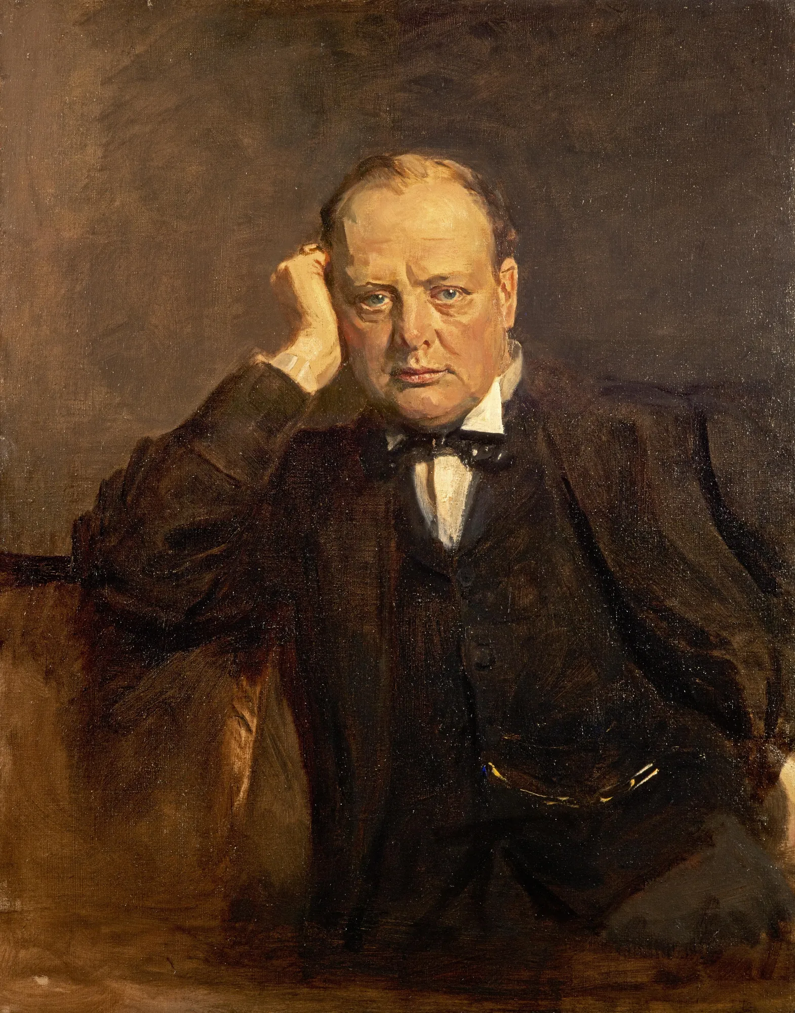 Sir Winston Churchill Sir Winston Churchill by James Guthrie. A thoughtful oil portrait of Winston Churchill leaning his head on his hand against a dark, painterly background.