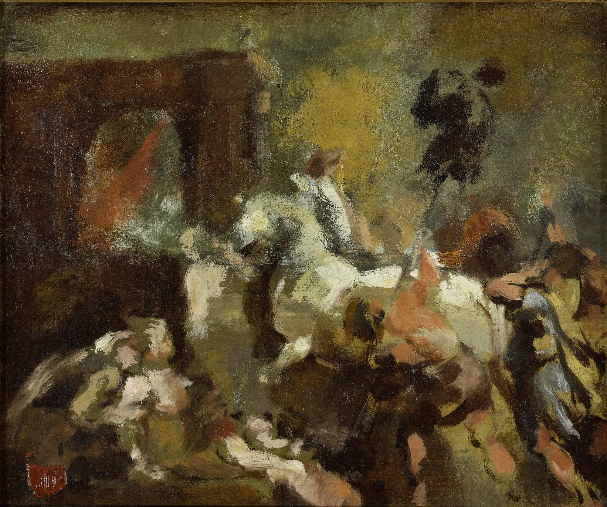 L'Entrée d'Henri IV à Paris (d'après Rubens) L'Entrée d'Henri IV à Paris (d'après Rubens) by Jean-Baptiste Carpeaux. An energetic oil study depicting a horse-led triumphal procession with expressive, loose brushstrokes in a palette of deep browns, ochres, and highlights of white.