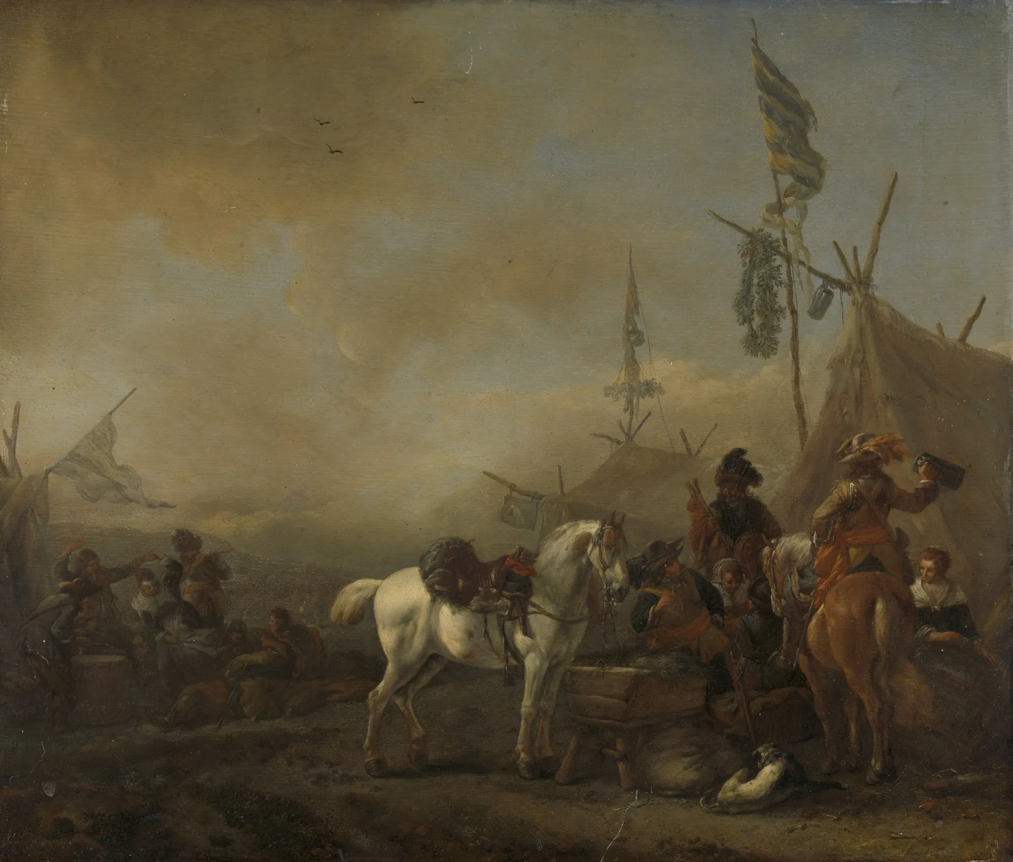 An Army Camp An Army Camp by Philips Wouwerman. A group of soldiers and horses gather around tents in an encampment beneath a vast, cloudy sky, with a prominent white horse standing at the center.