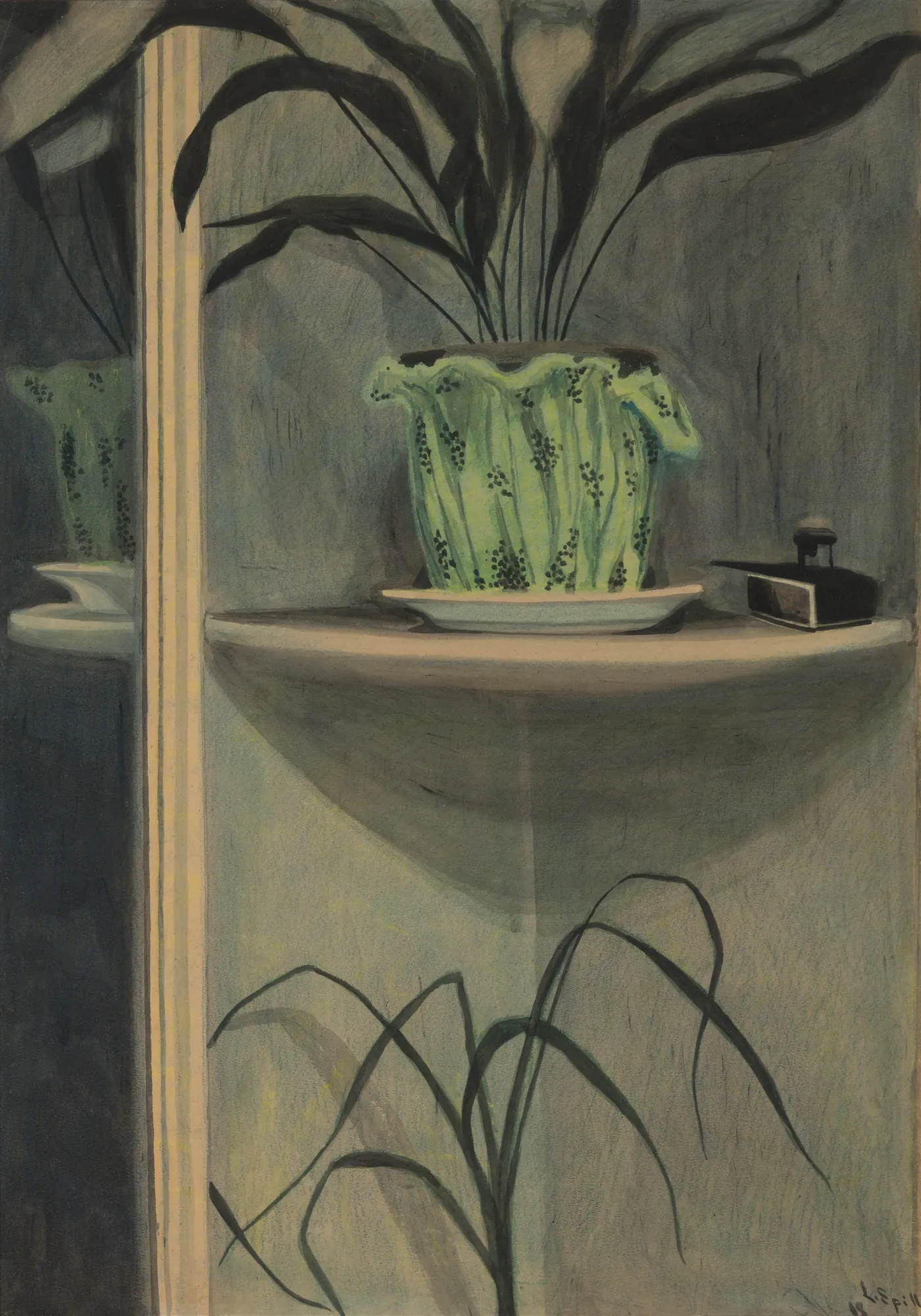 Planten, inktpot en spiegel