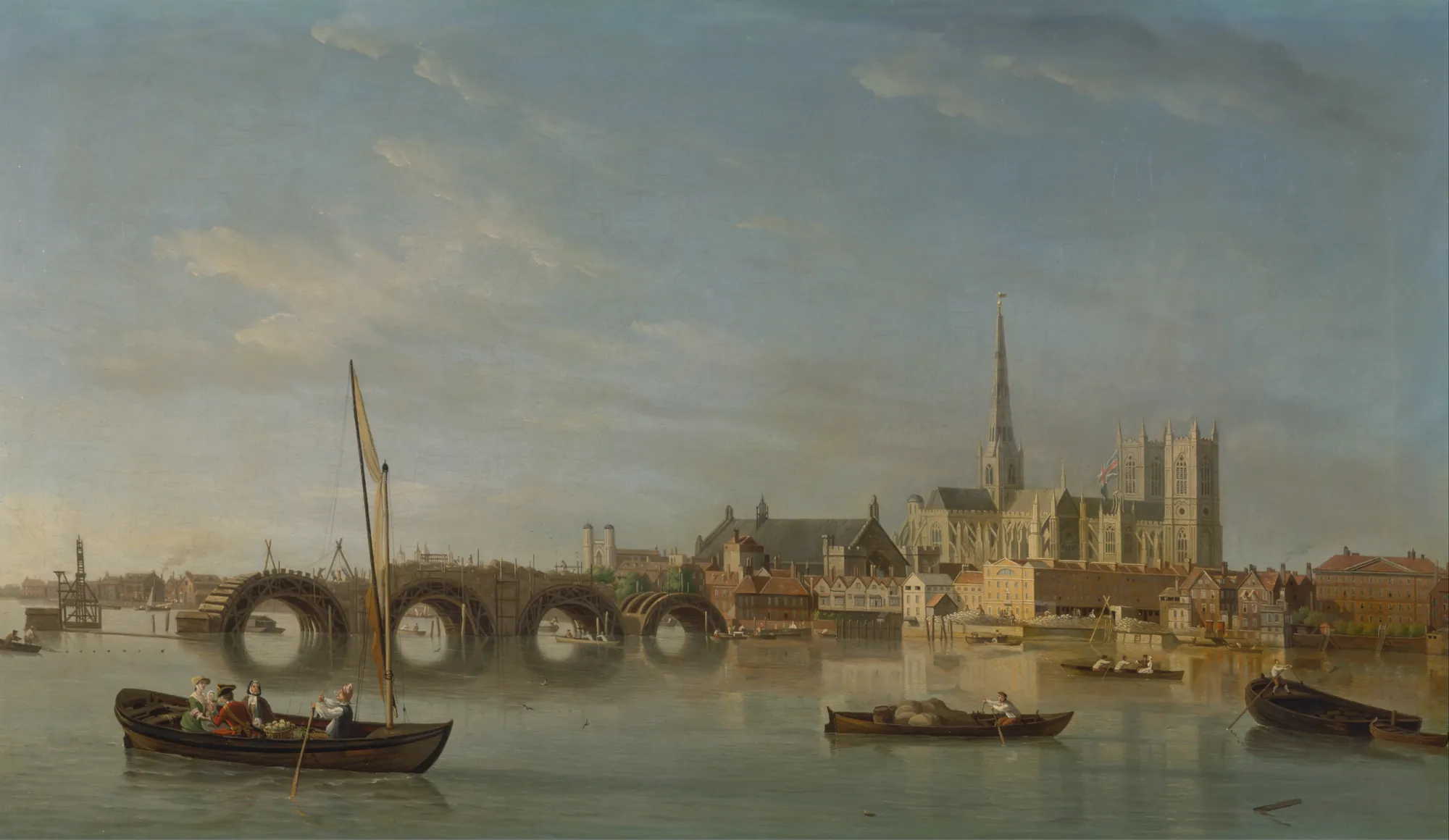 The Building of Westminster Bridge The Building of Westminster Bridge by Samuel Scott. A panoramic 18th-century view of the River Thames showing the centering of Westminster Bridge under construction with the Abbey in the background.