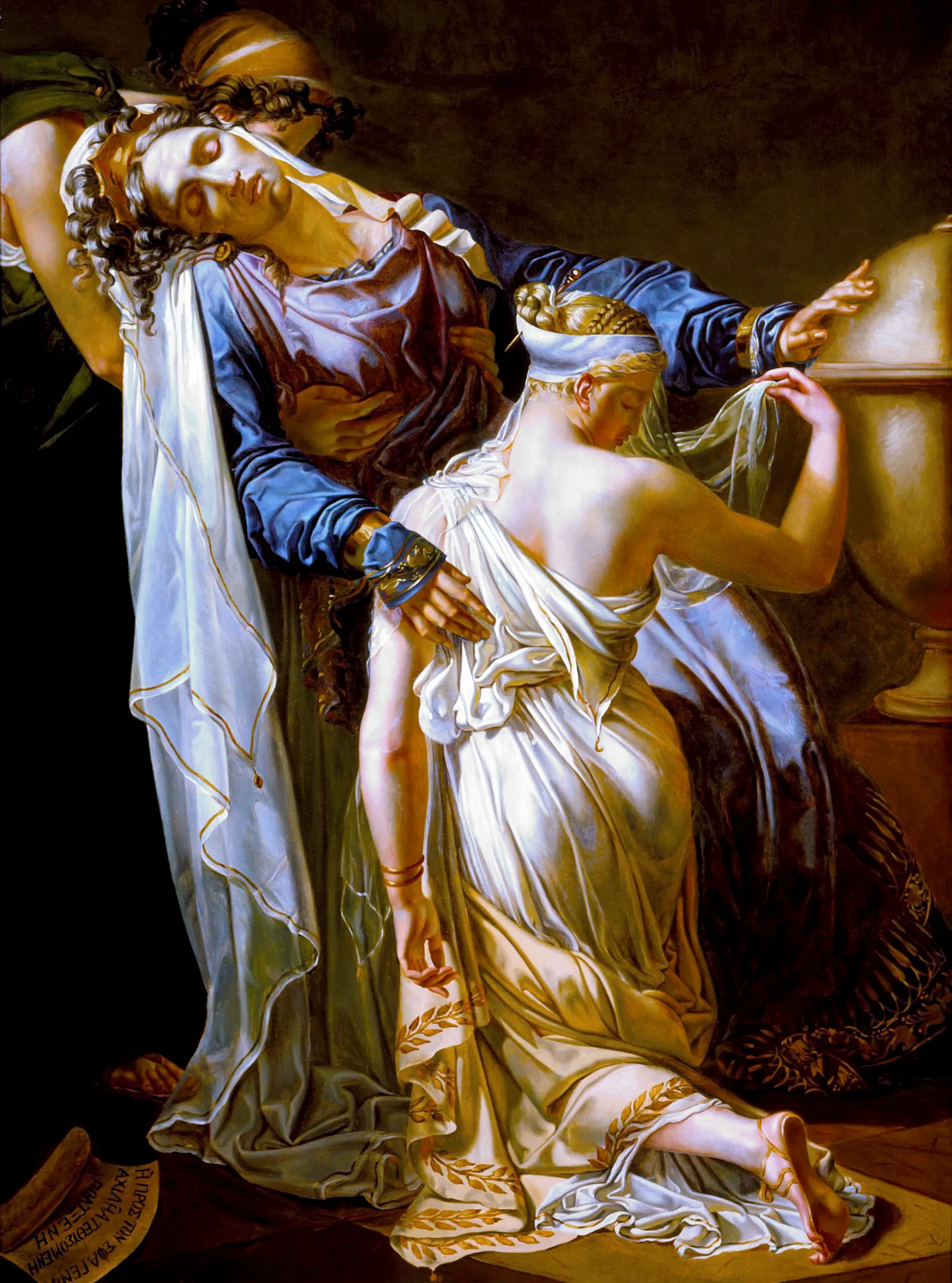 Hecuba and Polyxena Hecuba and Polyxena by Merry-Joseph Blondel. A dramatic neoclassical painting depicting a distraught woman in deep blue supporting a swooning woman in white against a dark, atmospheric background.