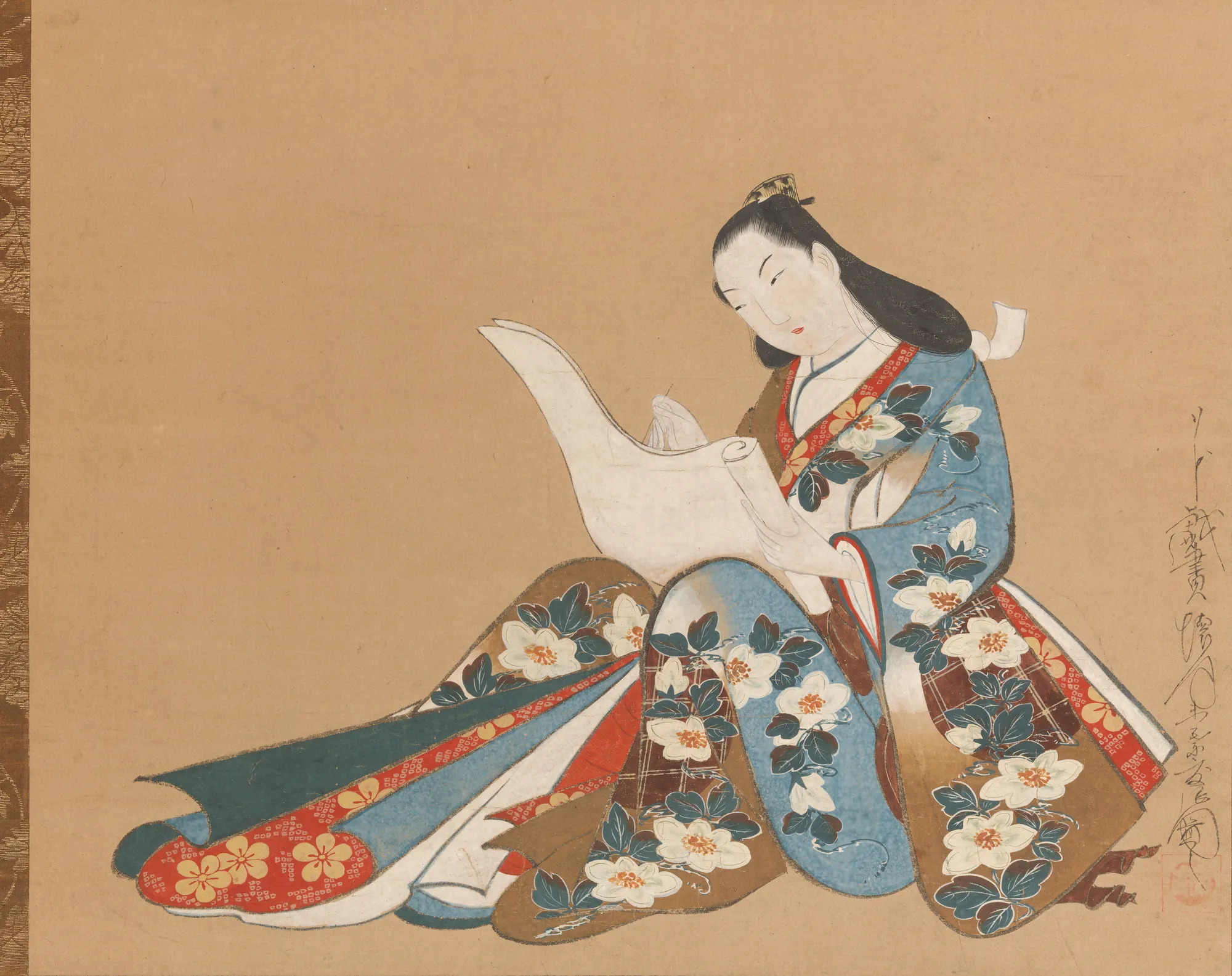 Courtesan Writing a Letter Courtesan Writing a Letter by Kaigetsudō Doshin. A Japanese woman in an ornate, floral kimono sits on the floor writing on a long scroll of paper.