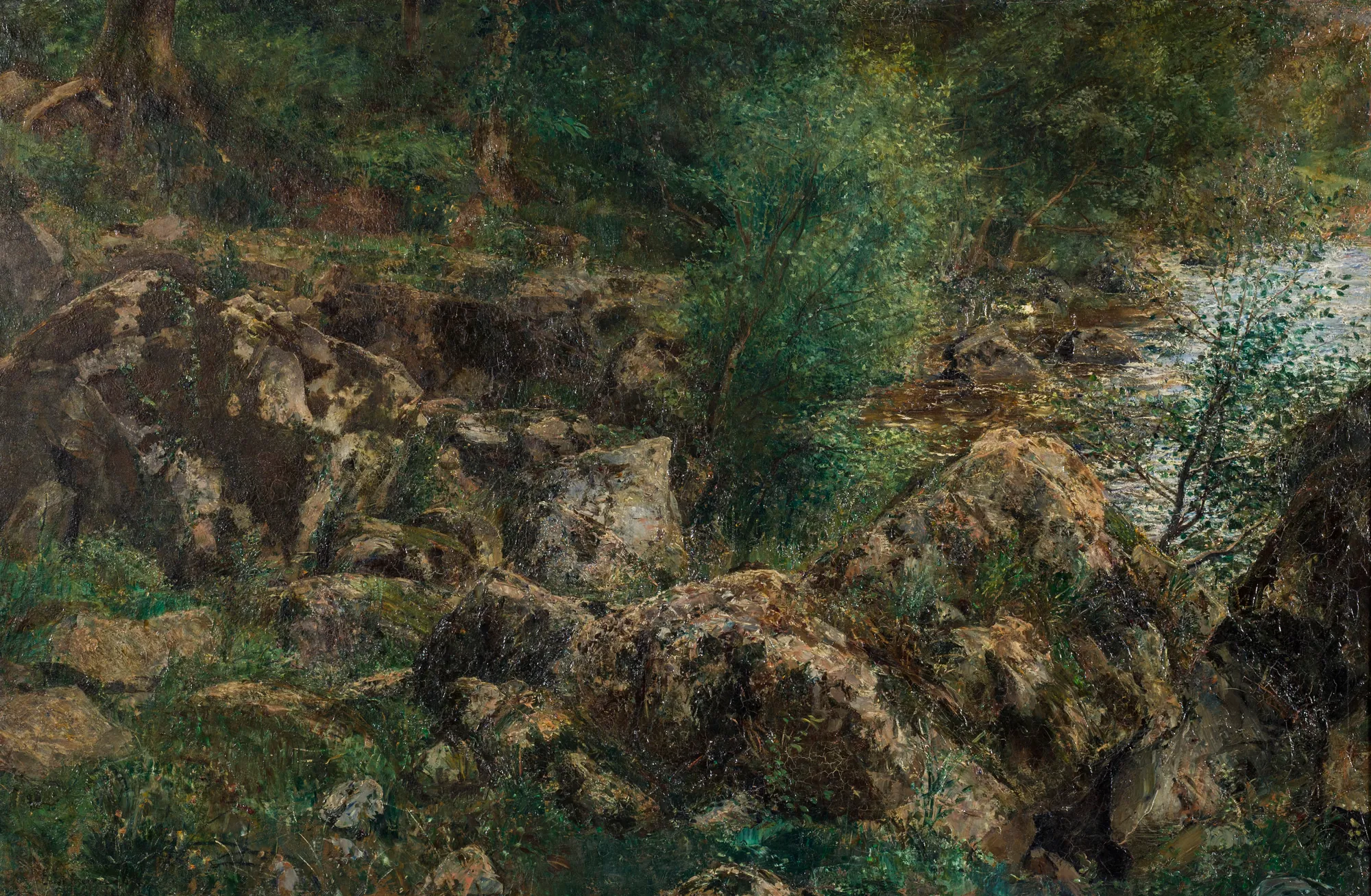 The Cool The Cool by Ernst Josephson. A dense, atmospheric landscape painting featuring moss-covered rocks in the foreground and a sun-dappled stream flowing through a lush forest.