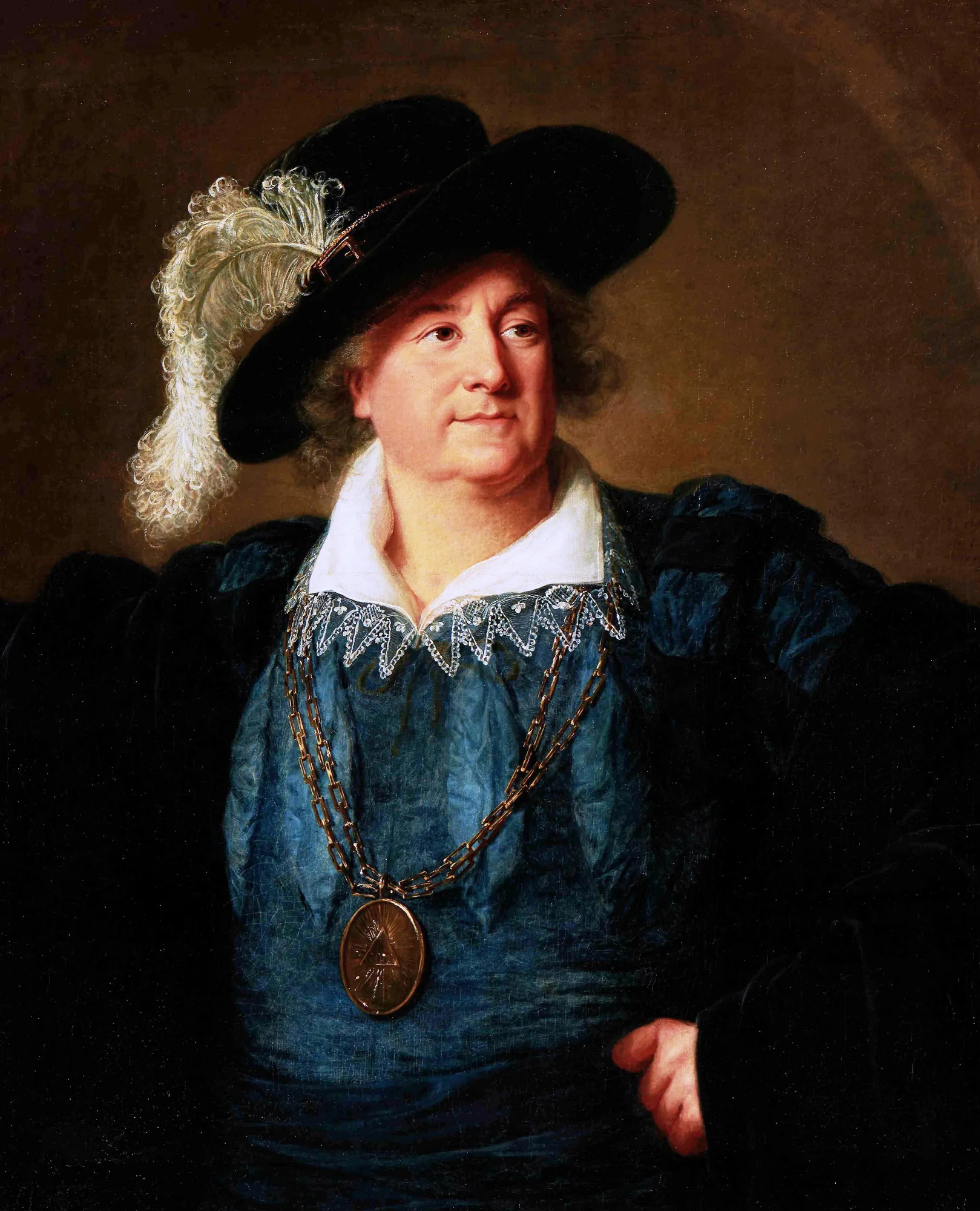 Stanisław II Augustus Poniatowski Stanisław II Augustus Poniatowski by Élisabeth Louise Vigée Le Brun. A regal portrait of a man in a feathered black hat and blue velvet attire adorned with a masonic pendant.
