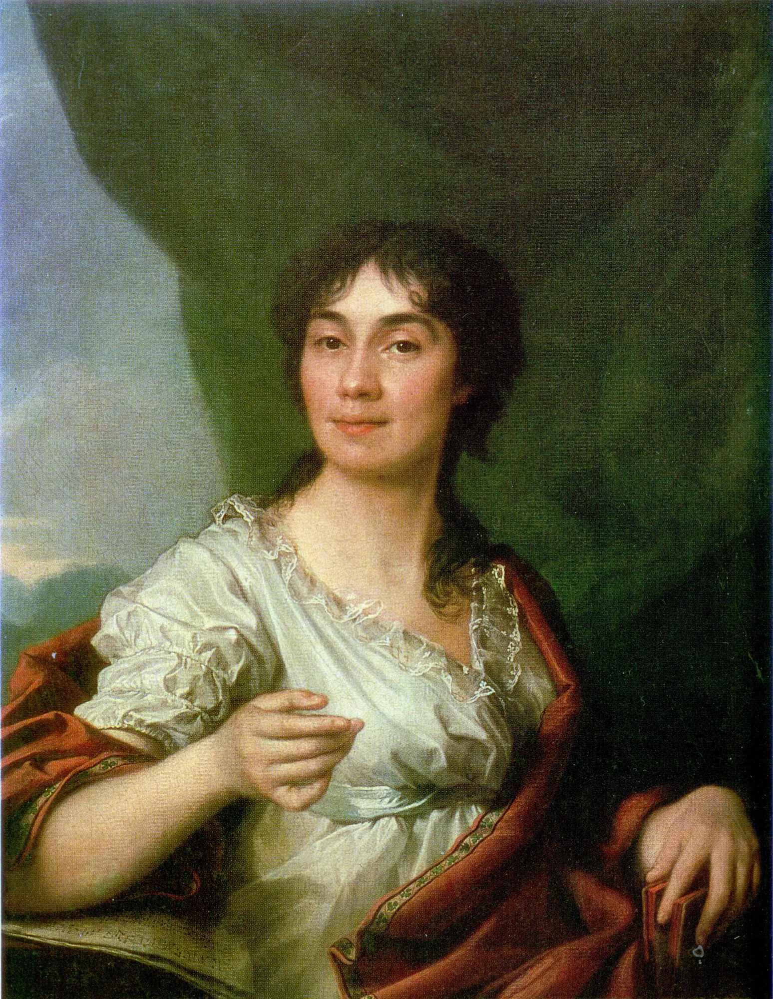 Anna Protasova Anna Protasova by Dmitry Levitzky. A half-length portrait of a woman in a white frilled gown and a red draped shawl, set against a deep green curtain.