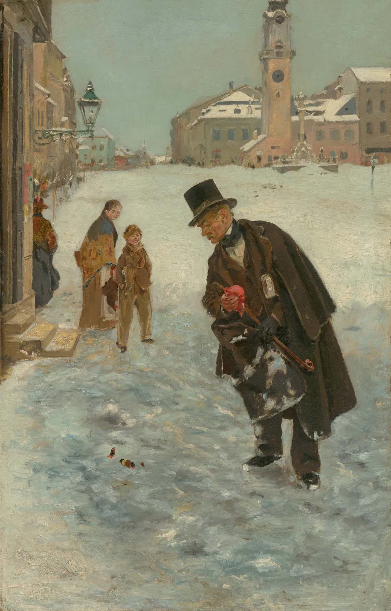 It's Easy to Laugh at Others It's Easy to Laugh at Others by Döme Skuteczky. A gentleman in a top hat and heavy coat stands in a snowy town square while a woman and child watch him from a distance.