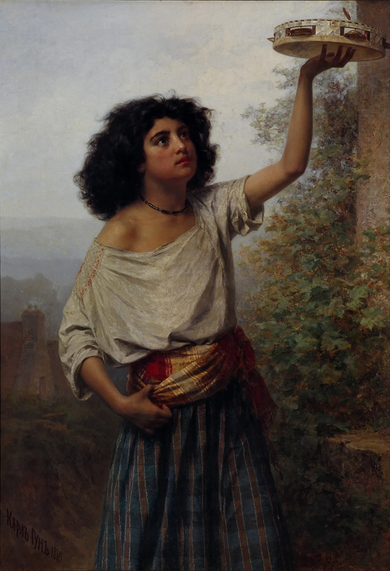 Young Gypsy Woman Young Gypsy Woman by Carl Huns. A portrait of a young woman with dark curly hair holding a tambourine high above her head.