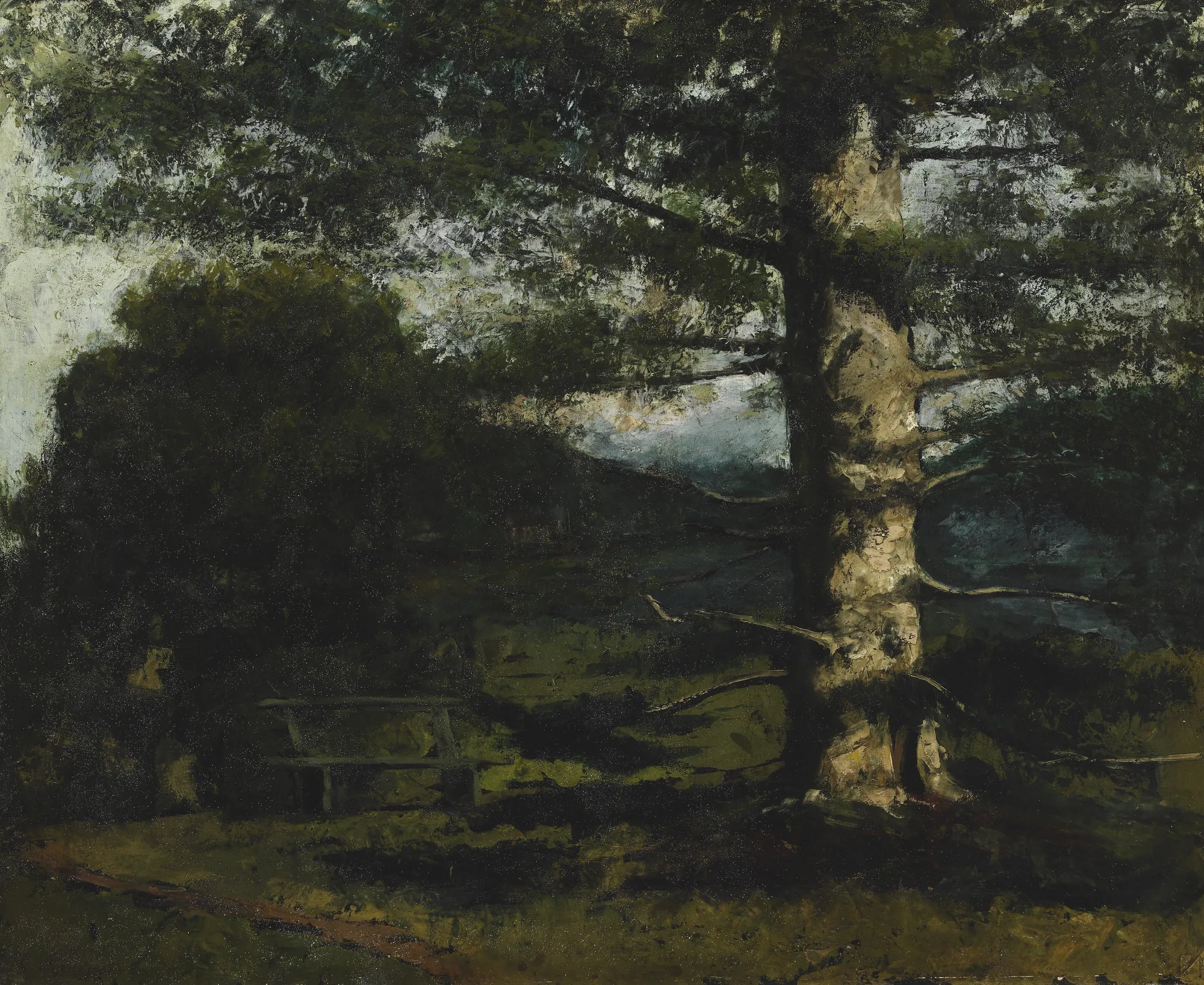 Cedar Tree at Hauteville Cedar Tree at Hauteville by Gustave Courbet. A large, textured cedar tree trunk stands on the right side of a dark, moody landscape beneath a heavy, overhanging canopy.